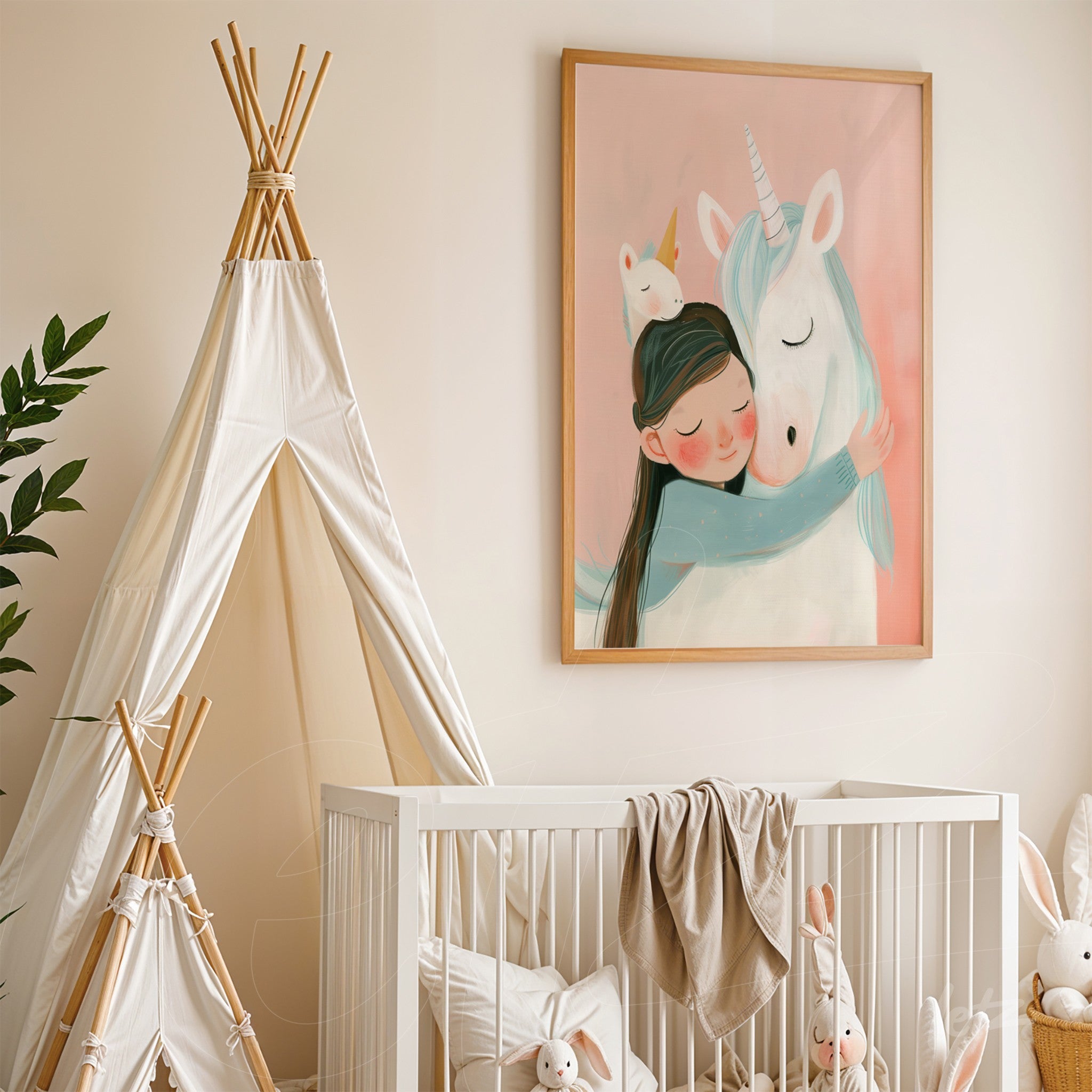 framed children's art of a girl hugging a unicorn with a light wood frame against a soft pink background