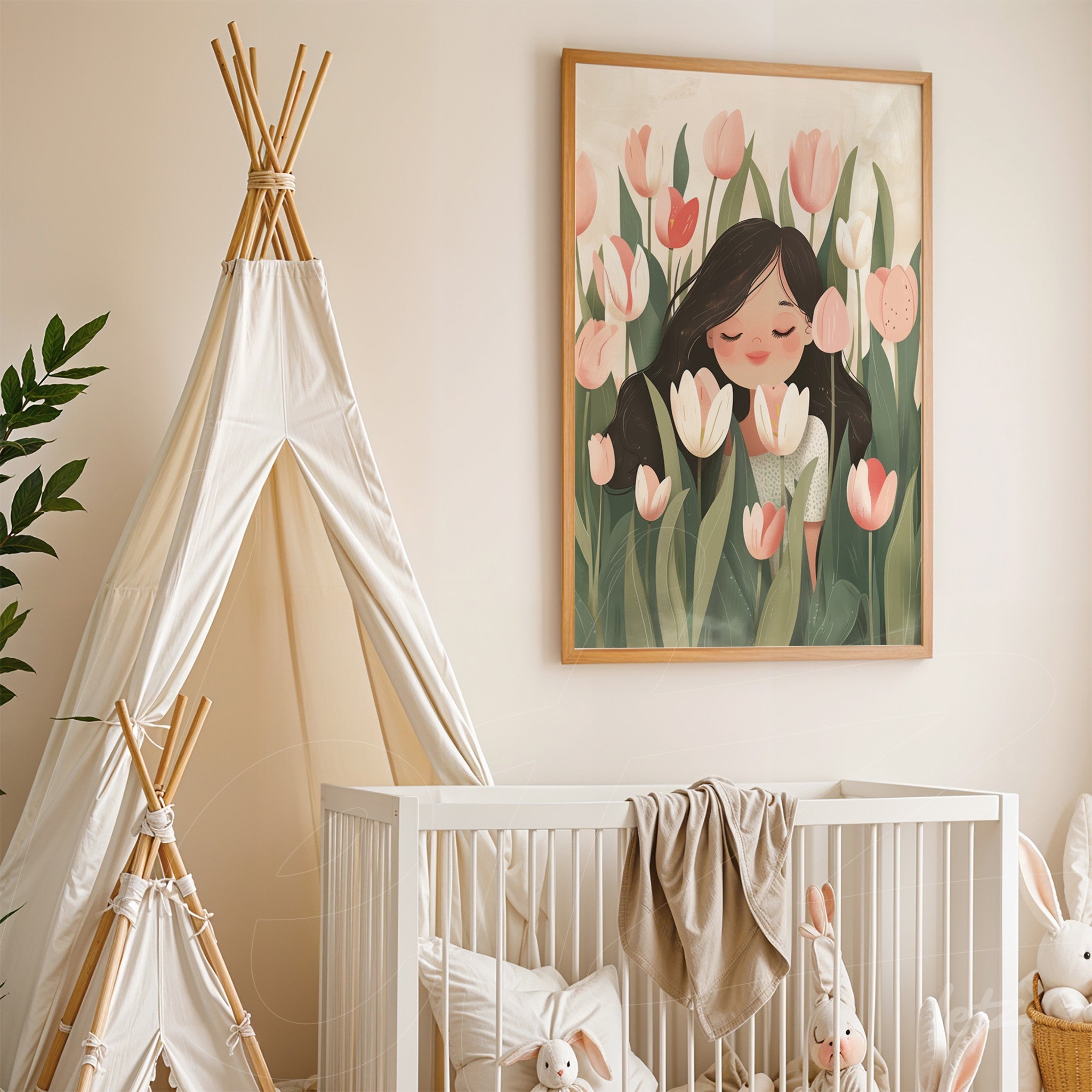 framed children's art depicting a girl among flowers with a light wood frame