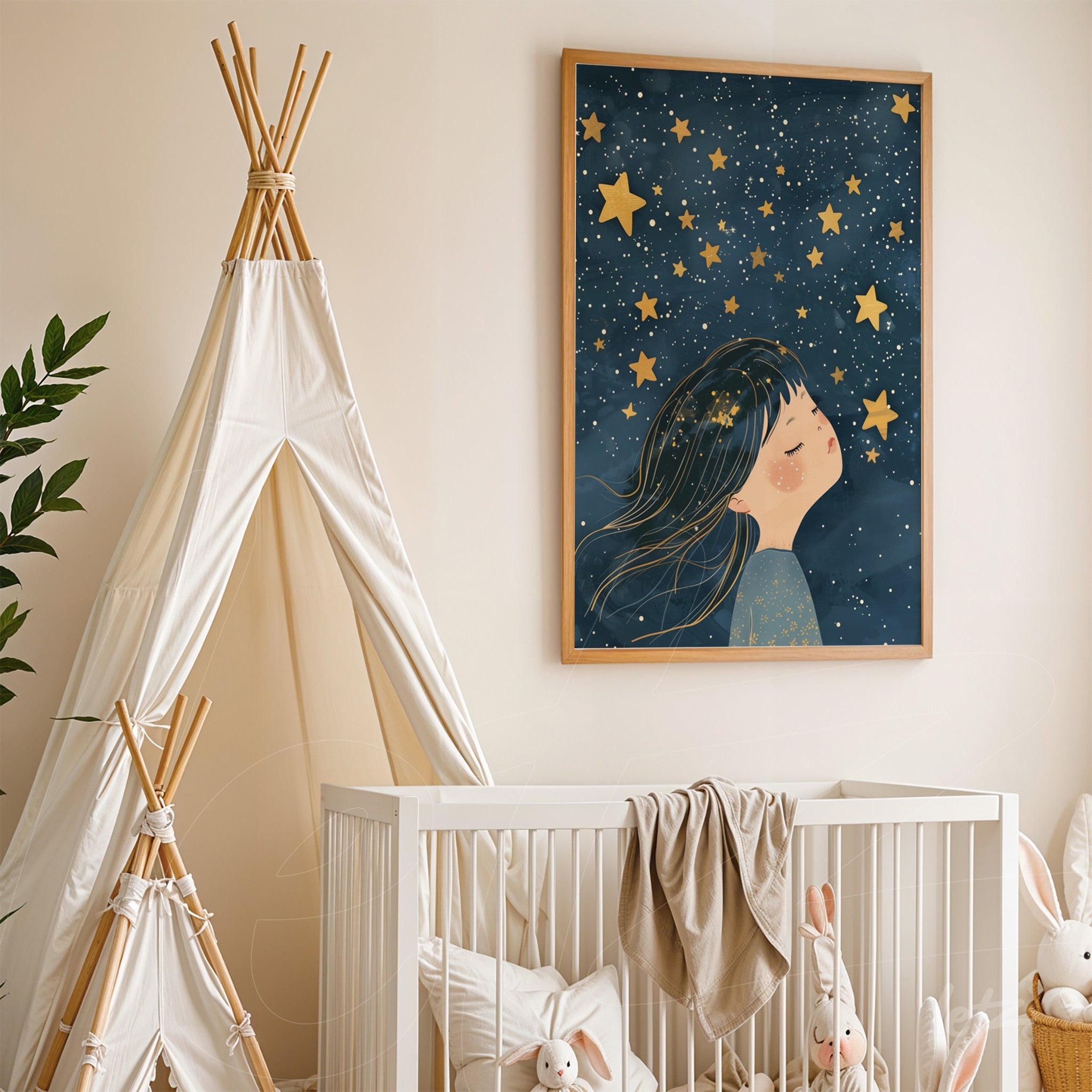 childrens wall art featuring a dreaming girl under stars in a light wood frame
