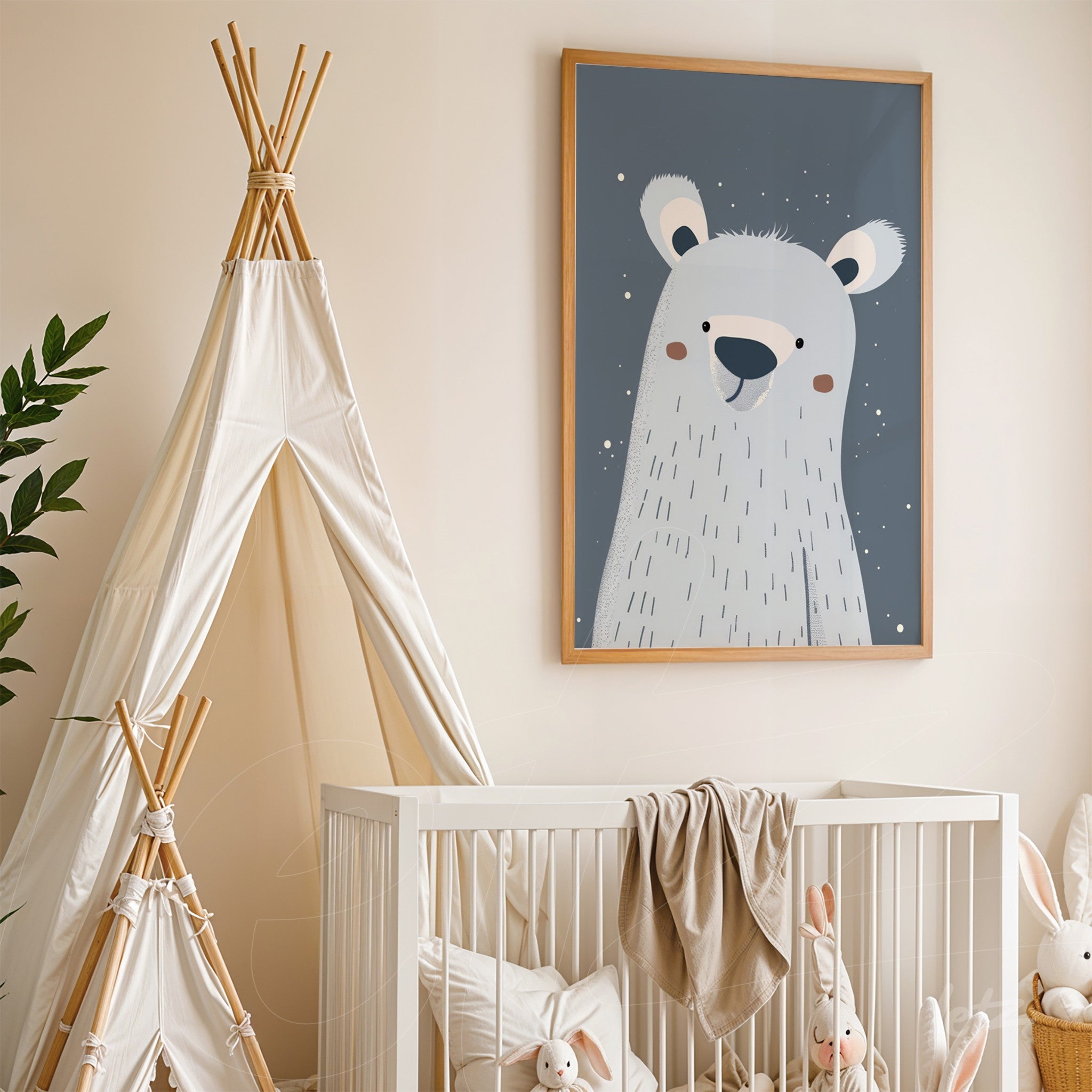 printed poster of a stylized polar bear in a light wood frame hanging in a child's room