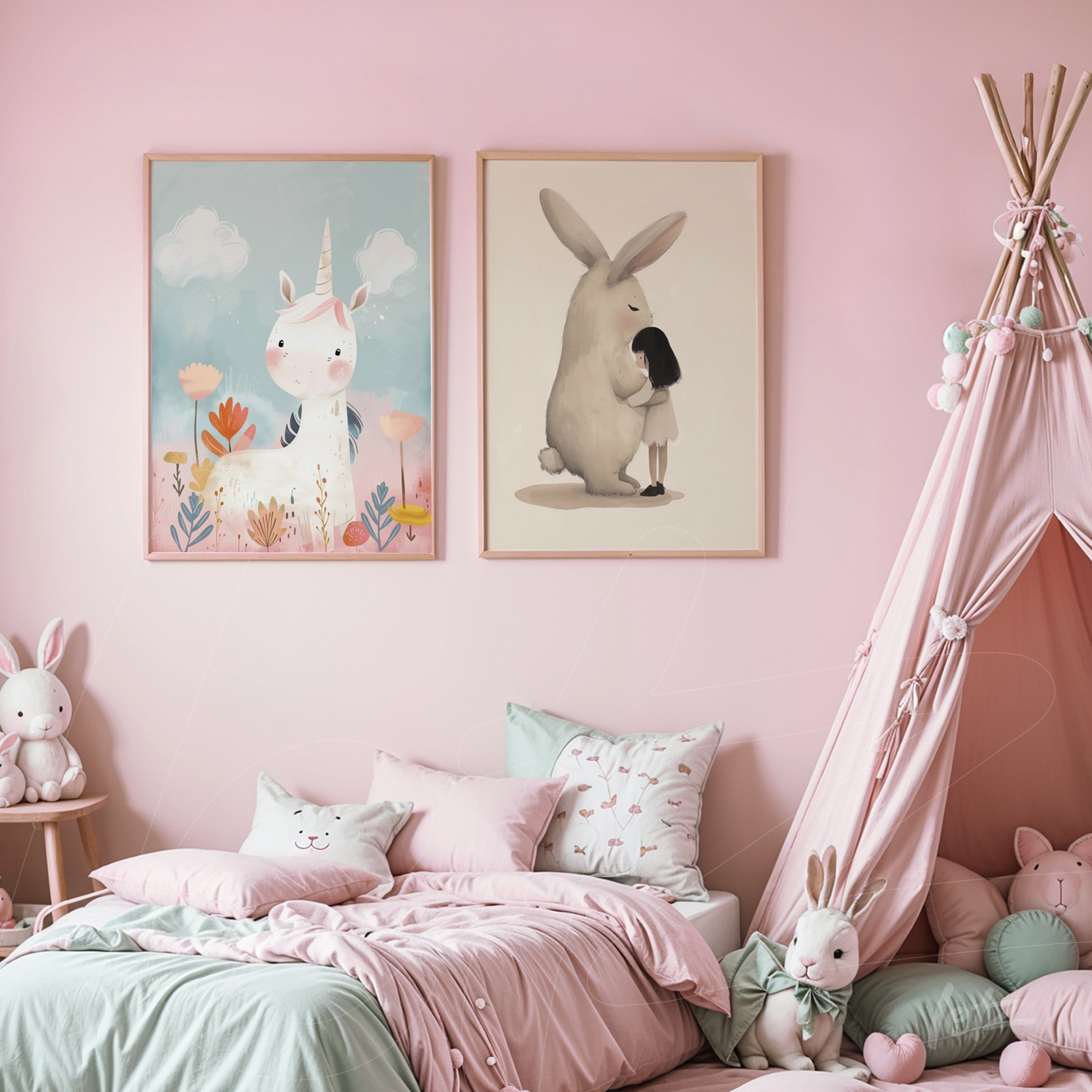 decorative composition of children's wall art featuring a unicorn and a bunny illustration, light frames, in a softly colored bedroom setting with playful elements