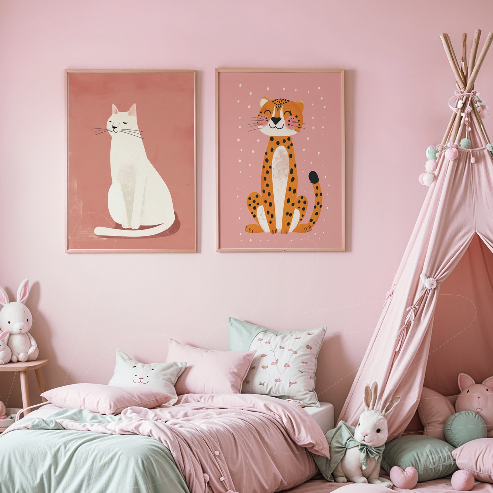 collection of decorative wall art featuring a white cat and a stylized leopard in light frames on a pink wall