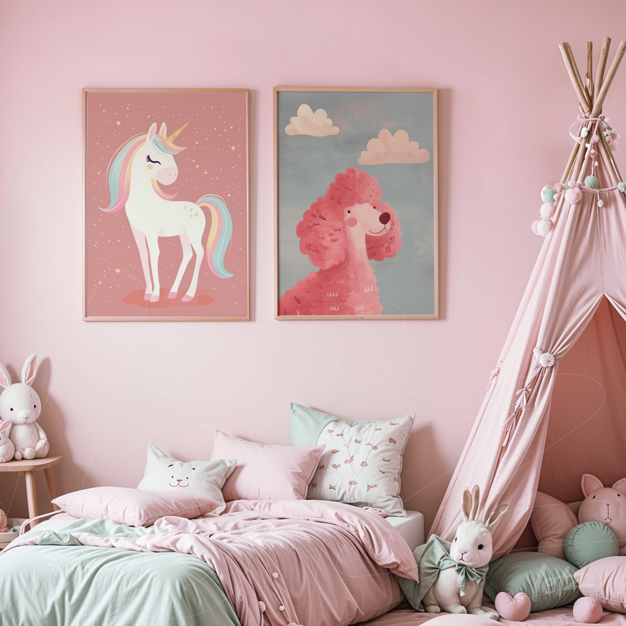 framed wall art featuring a colorful unicorn and a pink dog displayed in a children's room with pink walls