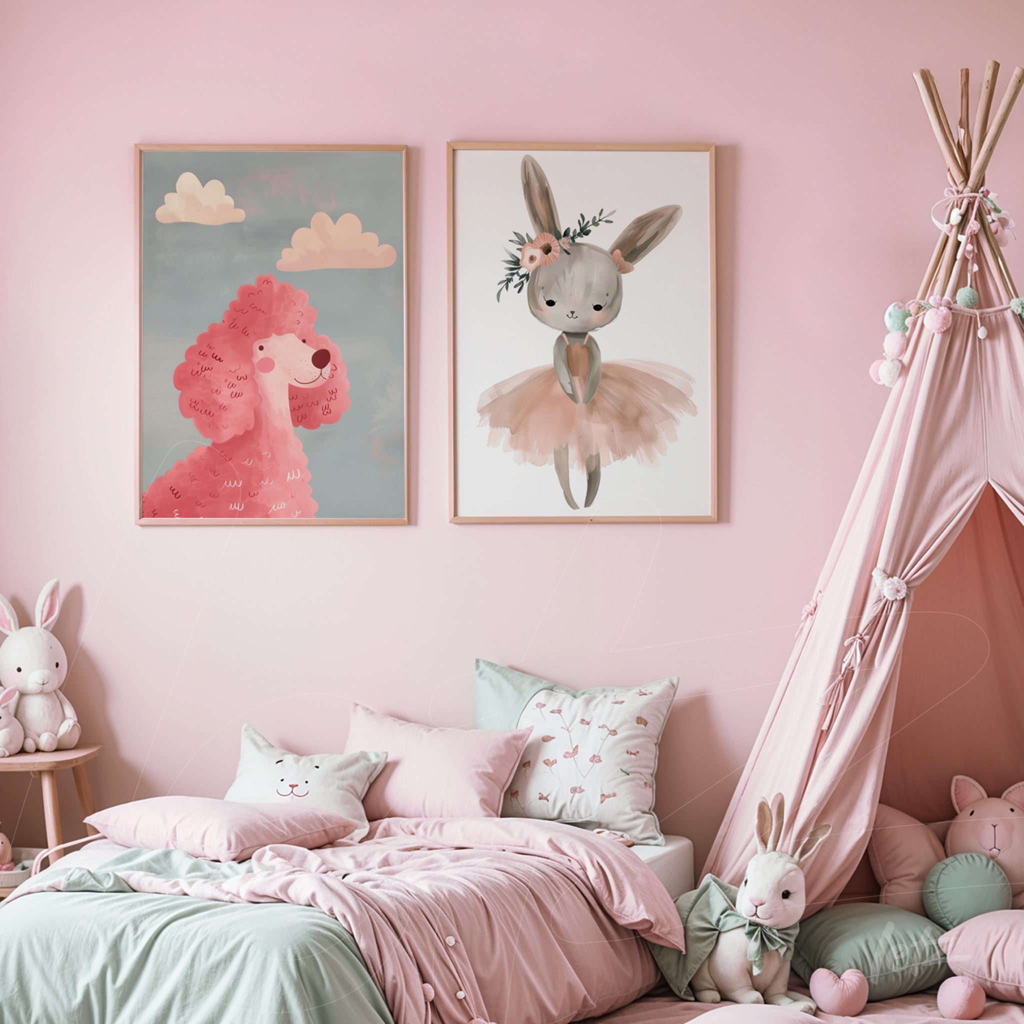 set of children's framed artworks featuring a ballet bunny and a pink poodle against a soft pink wall