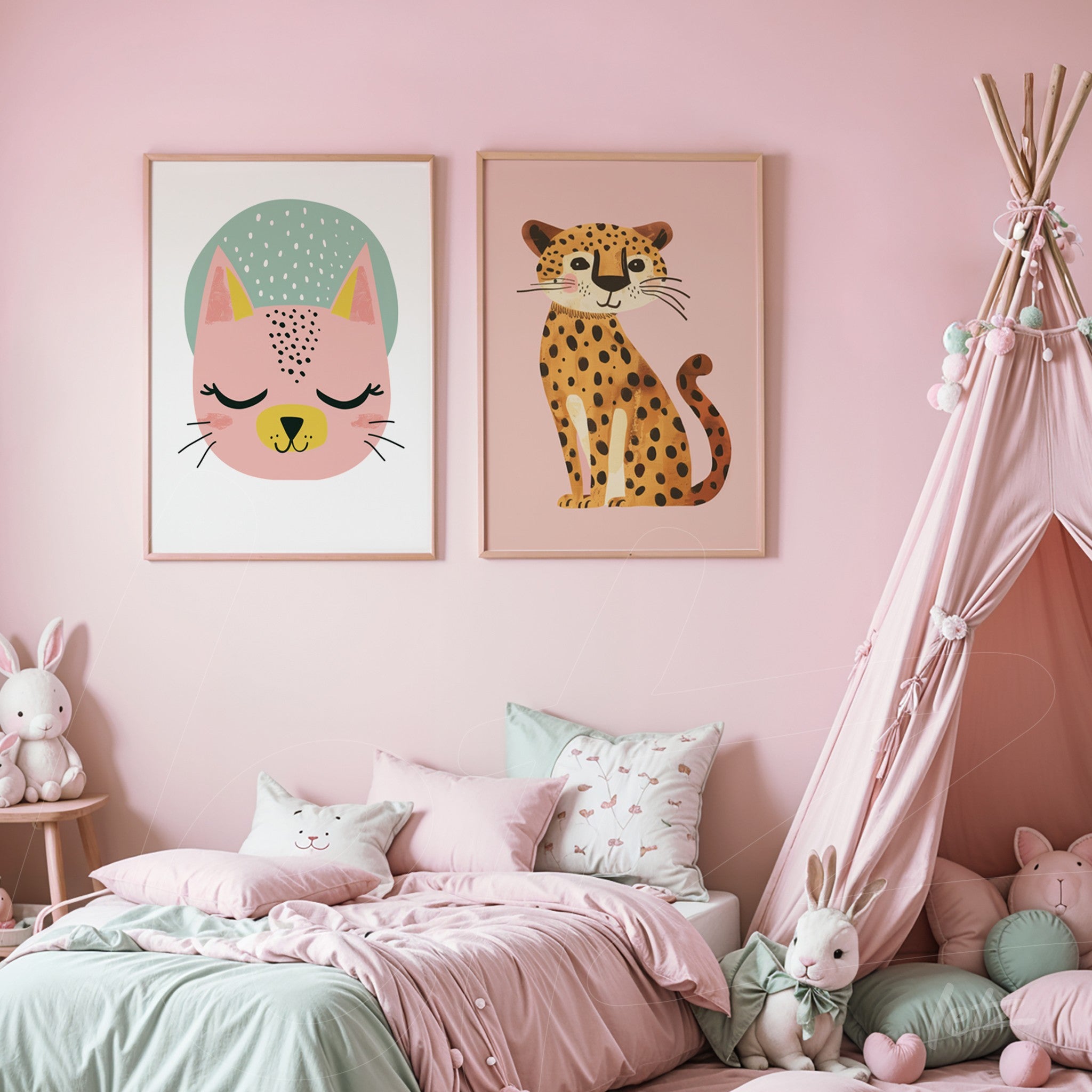 framed wall art featuring illustrations of a pink cat and a leopard on light wooden frames against a pink wall