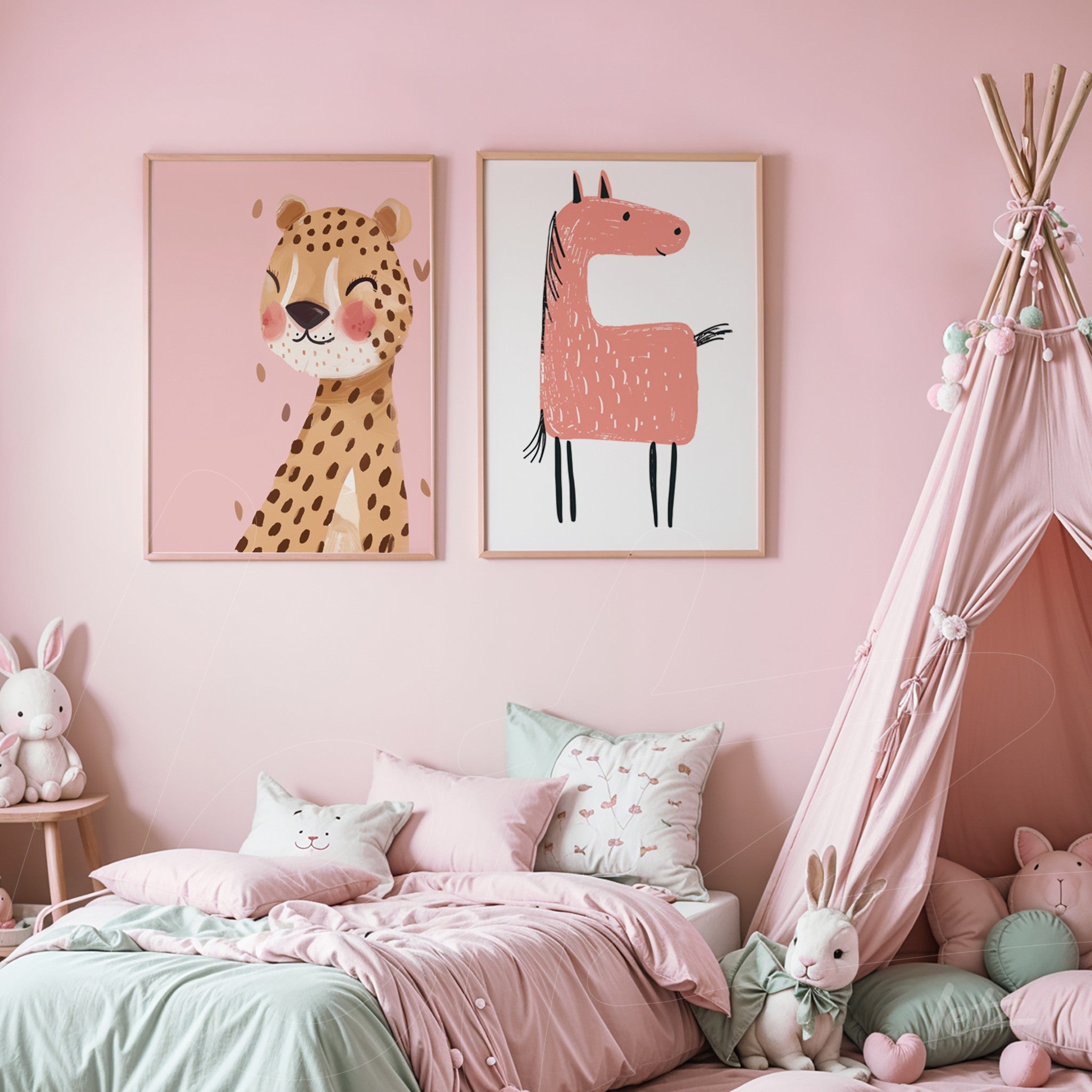 composition of framed animal wall art featuring a smiling leopard illustration and a stylized horse against a pink wall