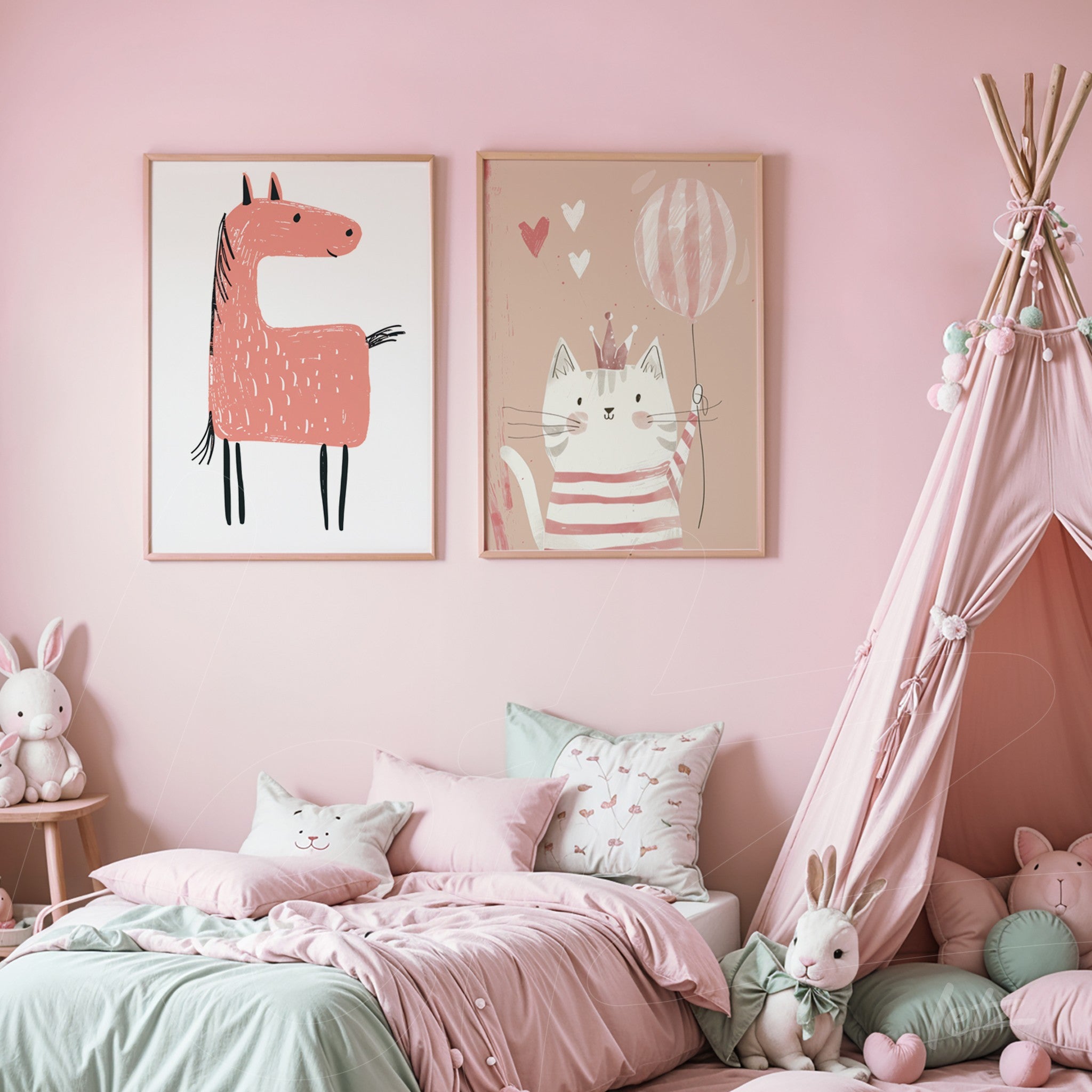 set of framed wall art featuring playful illustrations, one of a pink horse with black outline and another of a cute cat holding a pink balloon, displayed in a pink-themed children's room with a bed adorned with soft pillows