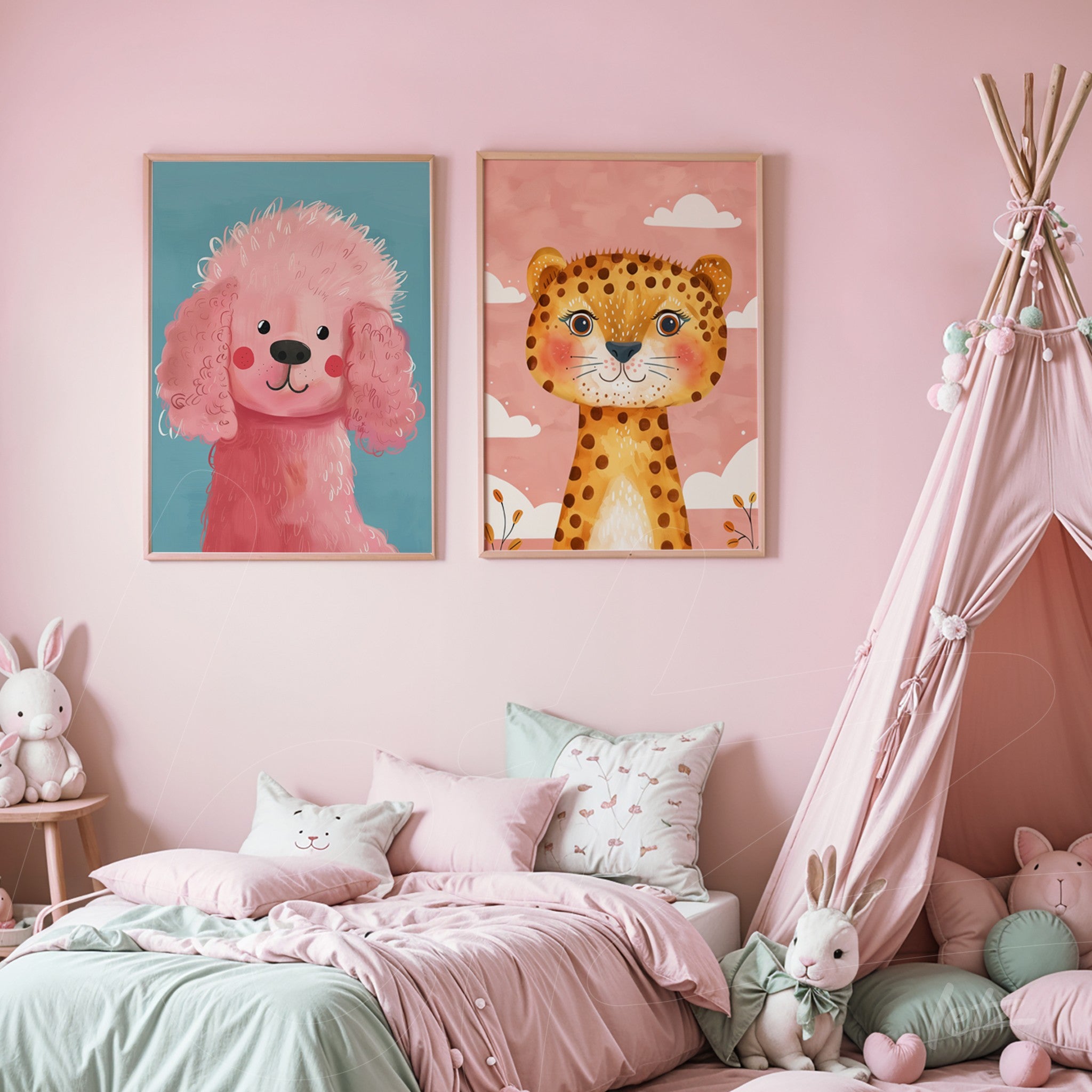 collection of kids' wall art featuring a pink poodle and a cheerful leopard in light frames, displayed in a softly decorated children's room
