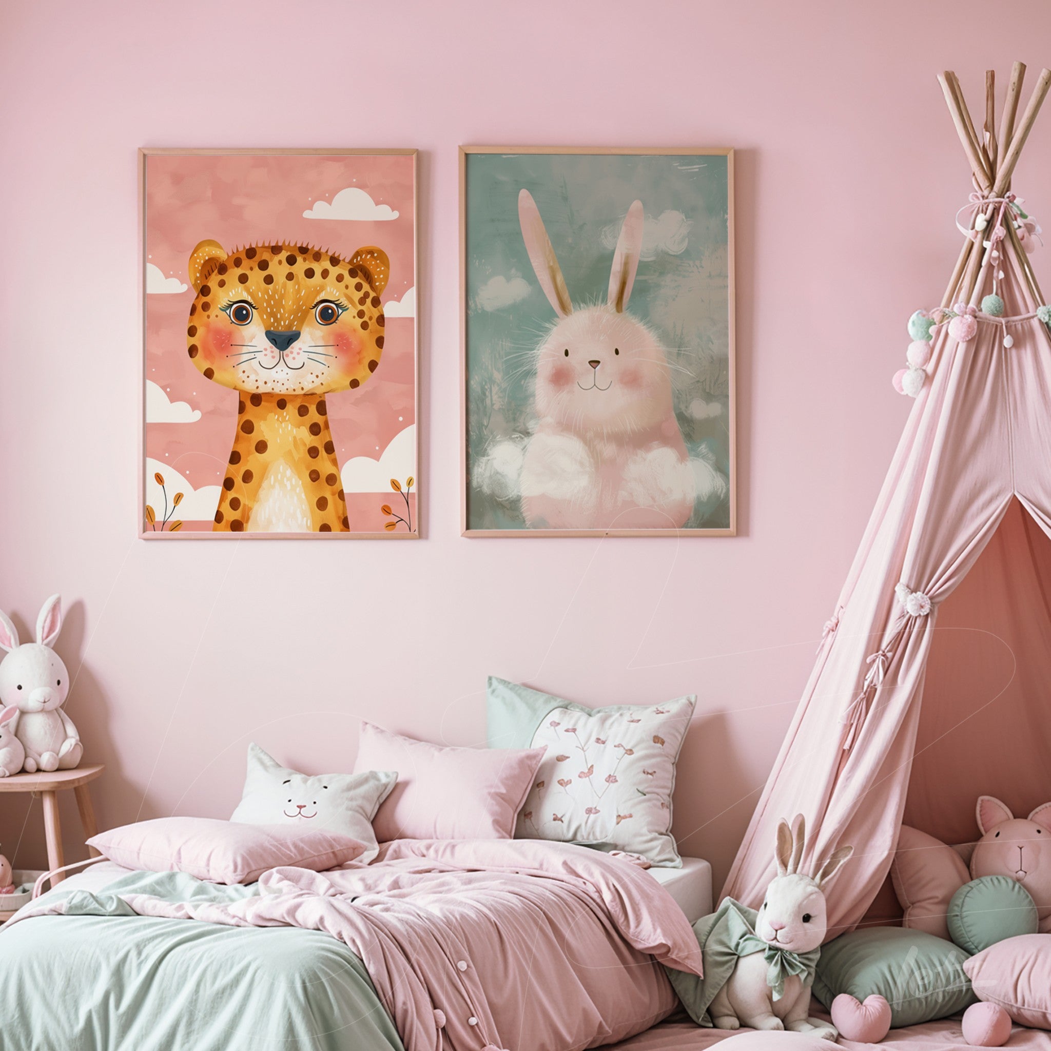 composition of framed artwork featuring a spotted lion and a cute bunny on light pink wall