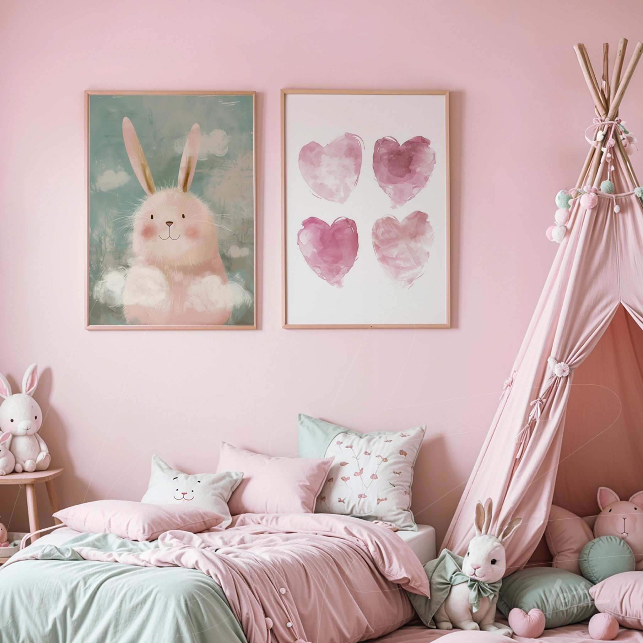 a composition featuring two cute themed wall art pieces, including a fluffy bunny on a blue background and pink hearts, displayed on a soft pink wall