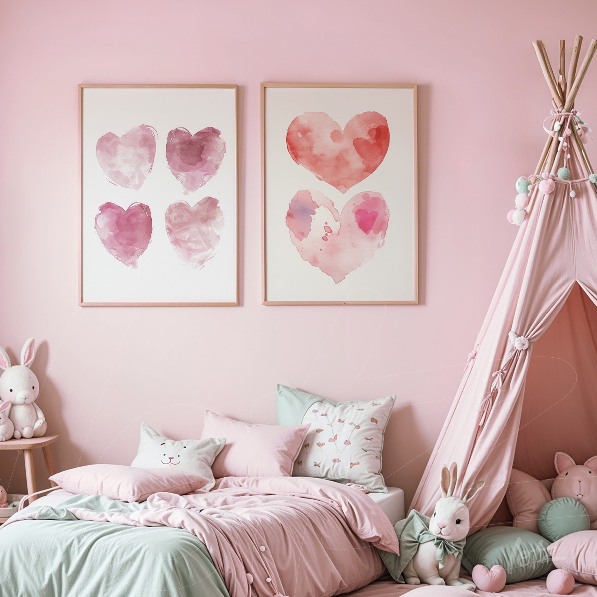 composition of two framed watercolor heart prints in light frame against pink wall