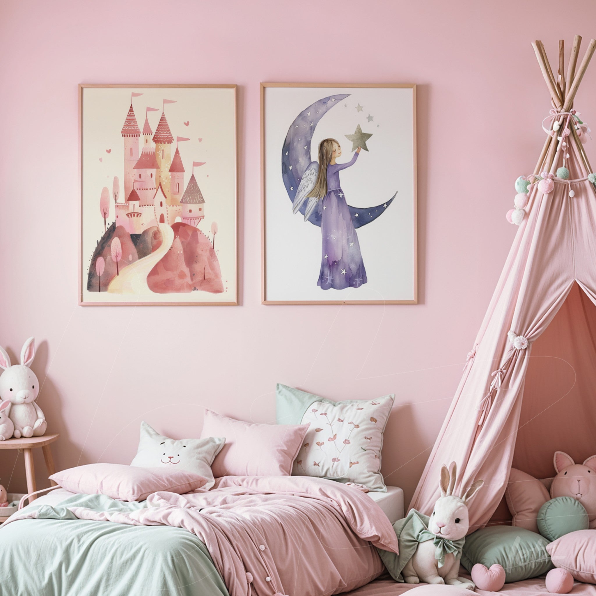 framed wall art featuring a pastel castle illustration and a girl with a moon and star in soft tones, displayed in a pink decorated bedroom