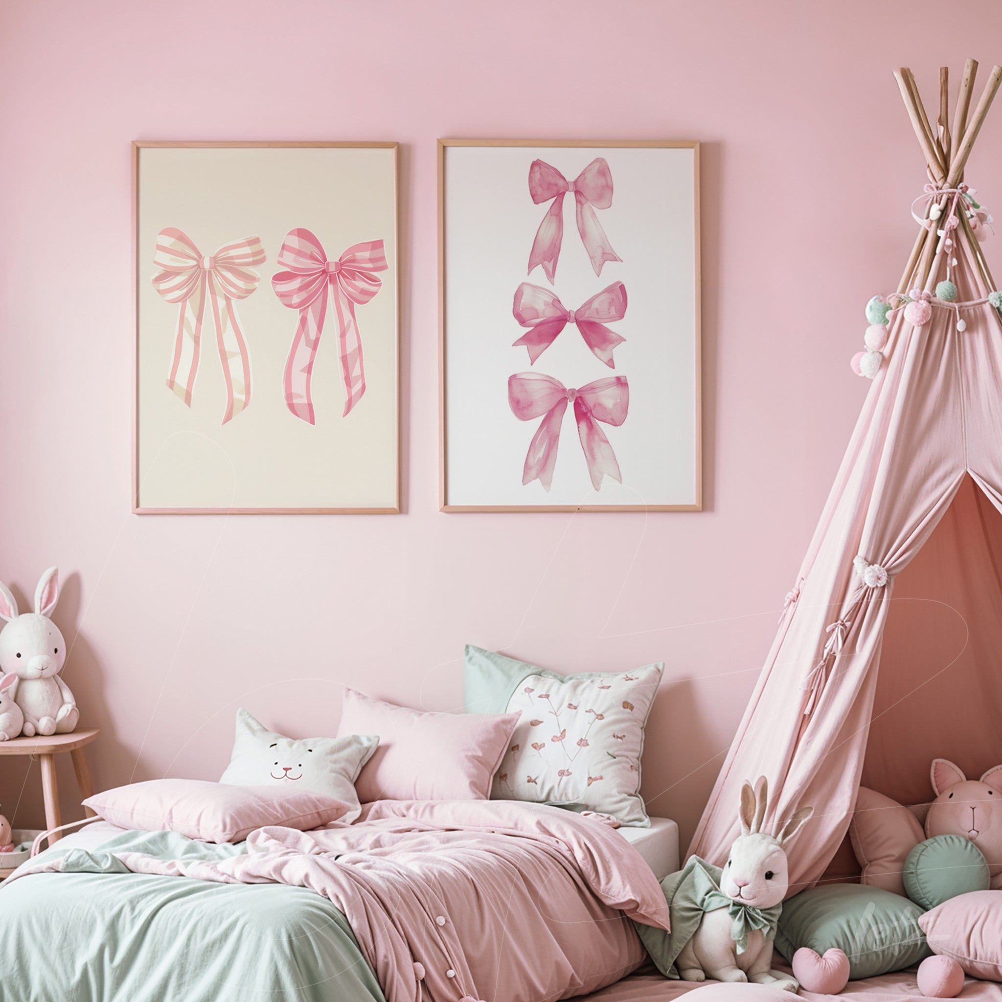 composition of framed art featuring pink bows on a pastel pink wall, decorating a children's bedroom