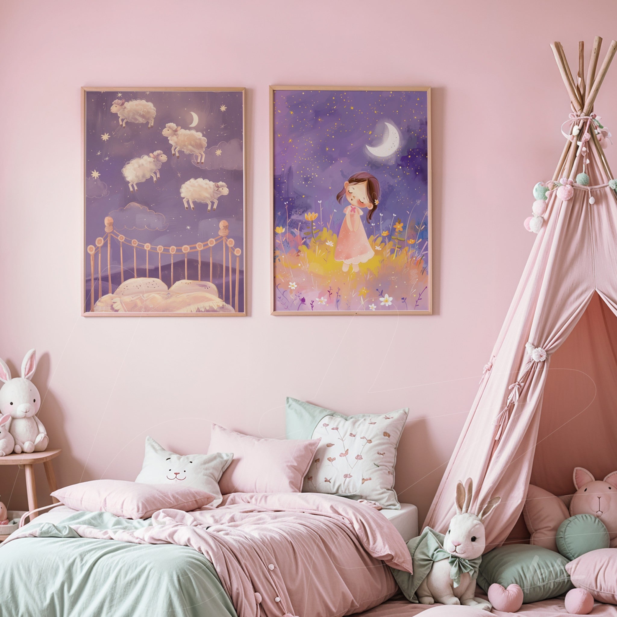 composition featuring two framed artworks, one depicting a magical night scene with floating sheep and the other portraying a girl in a flower field under the moon, displayed in a pink bedroom with cute details