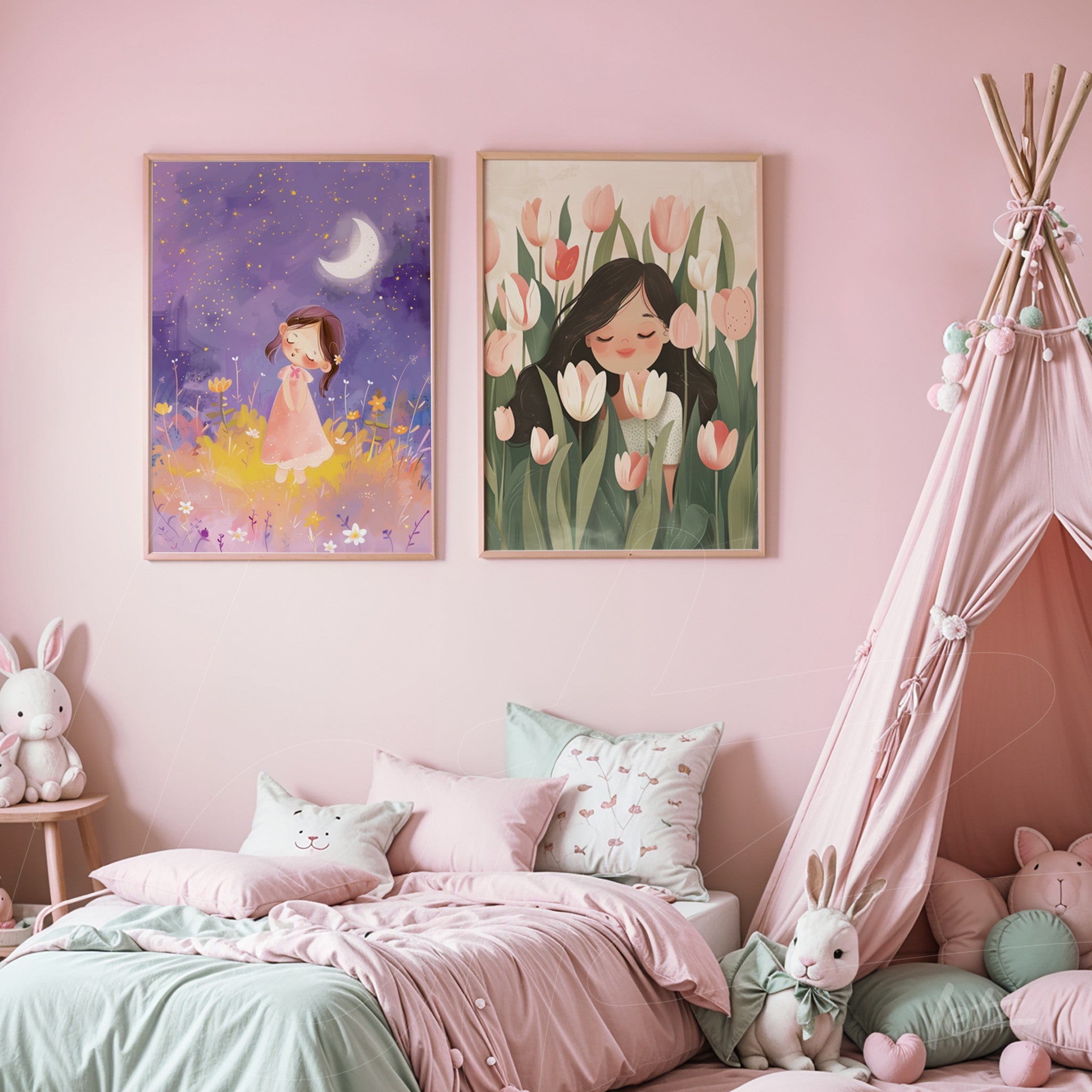 composition of two framed artworks on pink wall, one featuring a girl in a flower field under the moon and the other depicting a smiling woman surrounded by tulips
