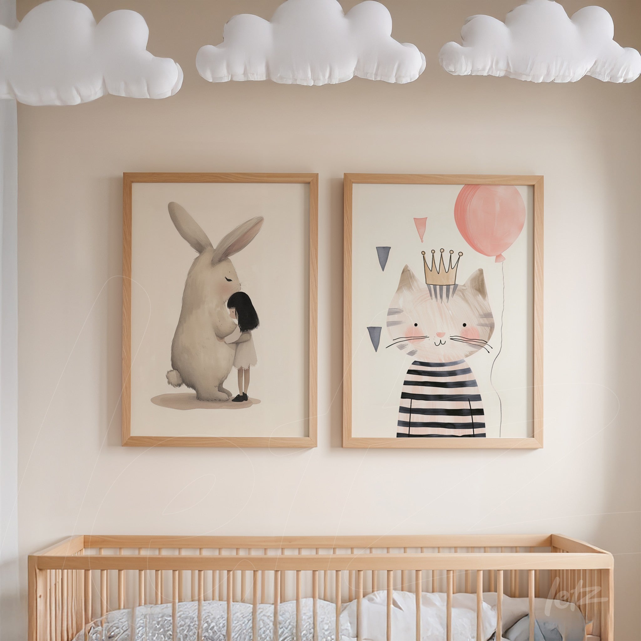 composition of children's wall art featuring illustrations of a rabbit and a cat above a wooden crib with clouds