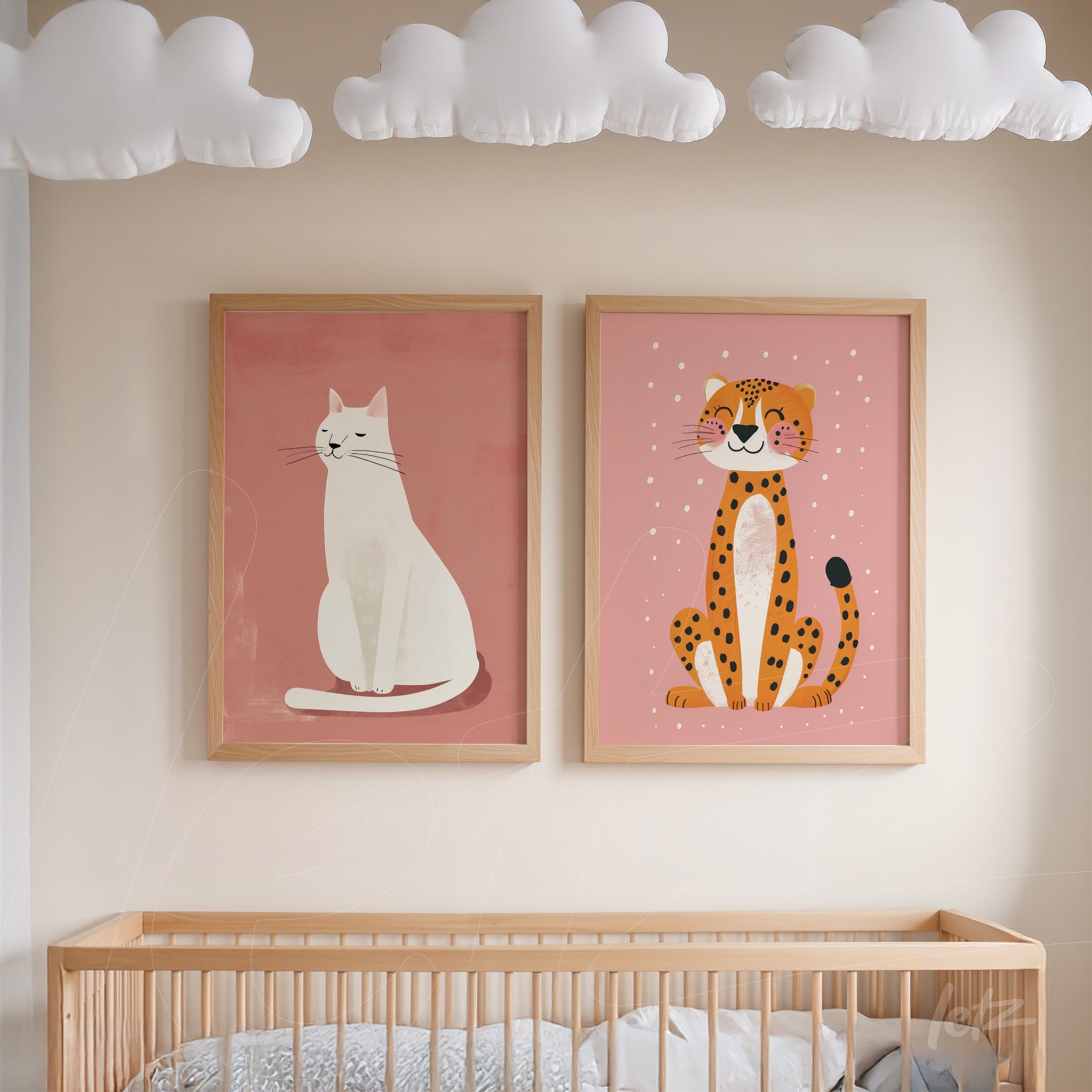 framed artwork composition featuring a white cat and a leopard on a light pink wall with a wooden crib in the foreground