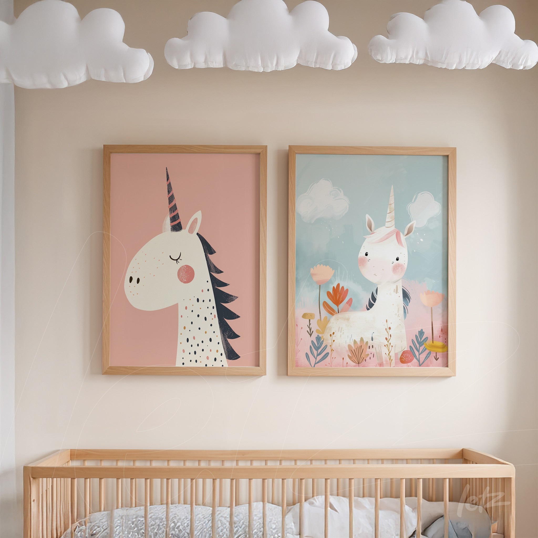 collection of decorative wall art featuring unicorn illustrations in pastel colors, framed in light wood with decorative clouds on the ceiling