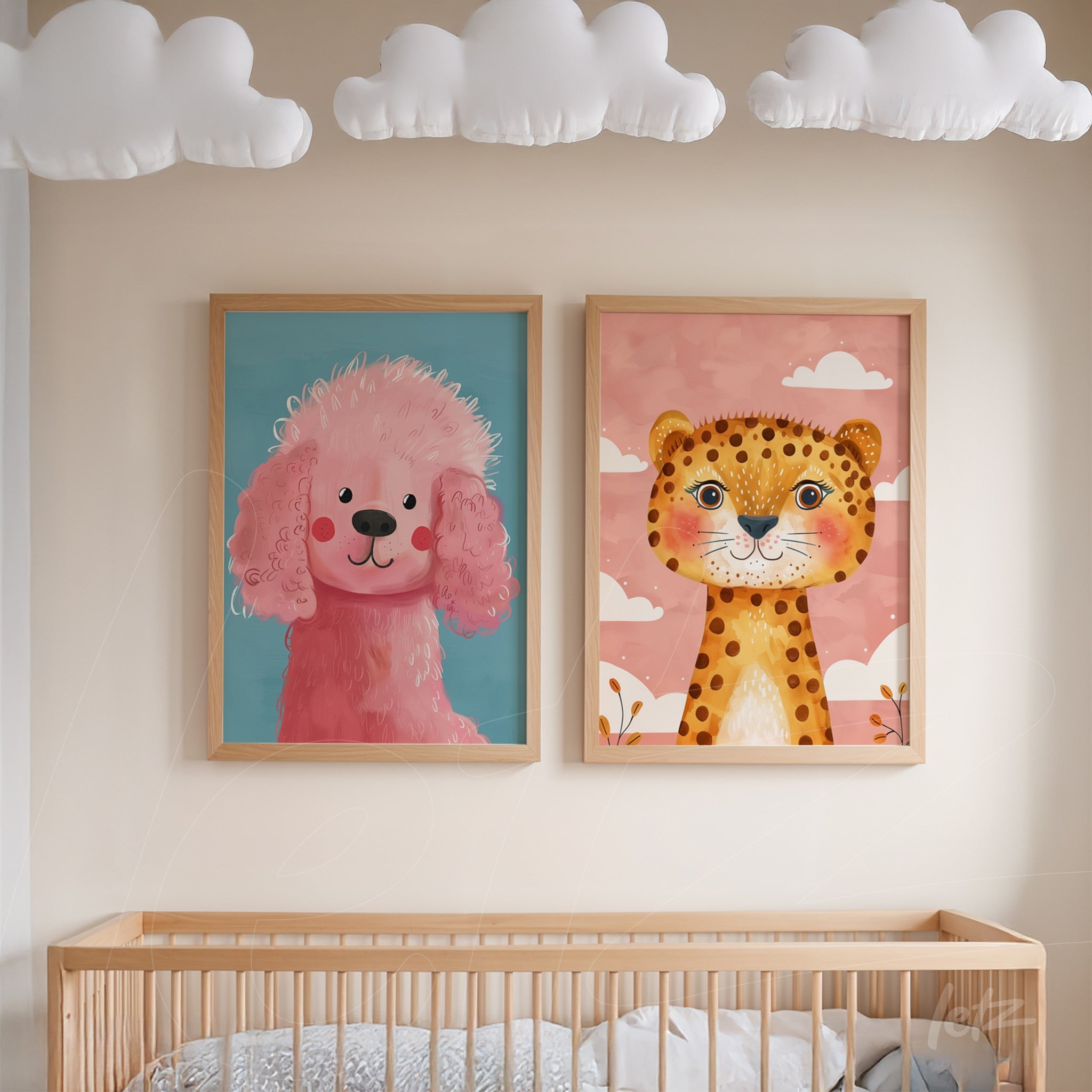 composition of two kids wall art featuring a pink dog and a spotted lion cub in light wood frames displayed above a crib in a nursery setting