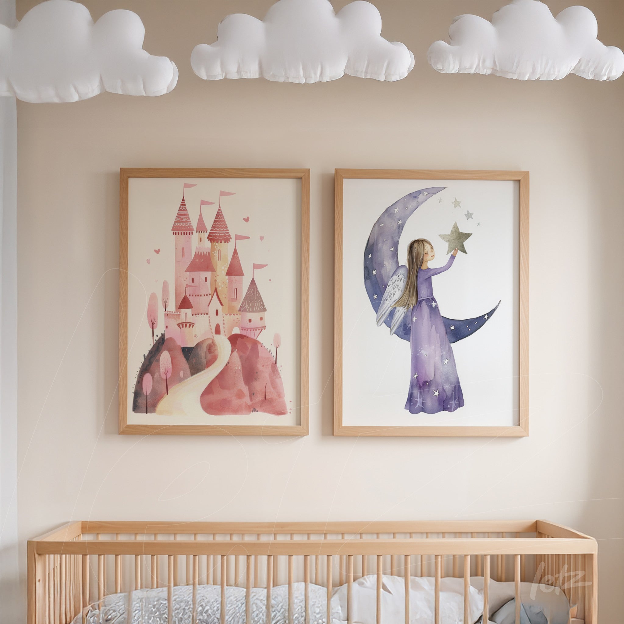 two framed illustrations in light wood featuring a pink castle and a girl with wings holding a star by the moon