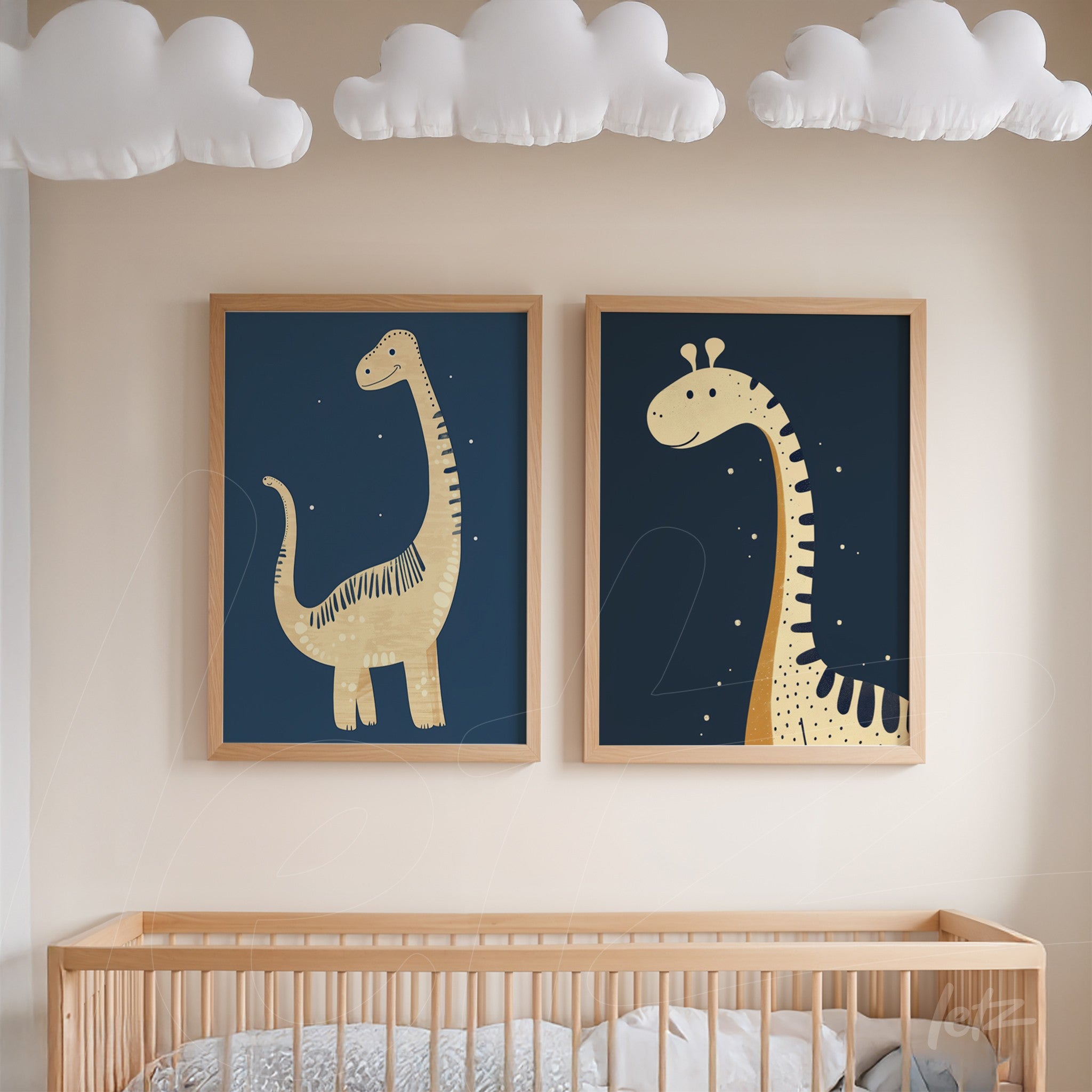 set of decorative wall art featuring dinosaurs on dark blue background with light wood frame