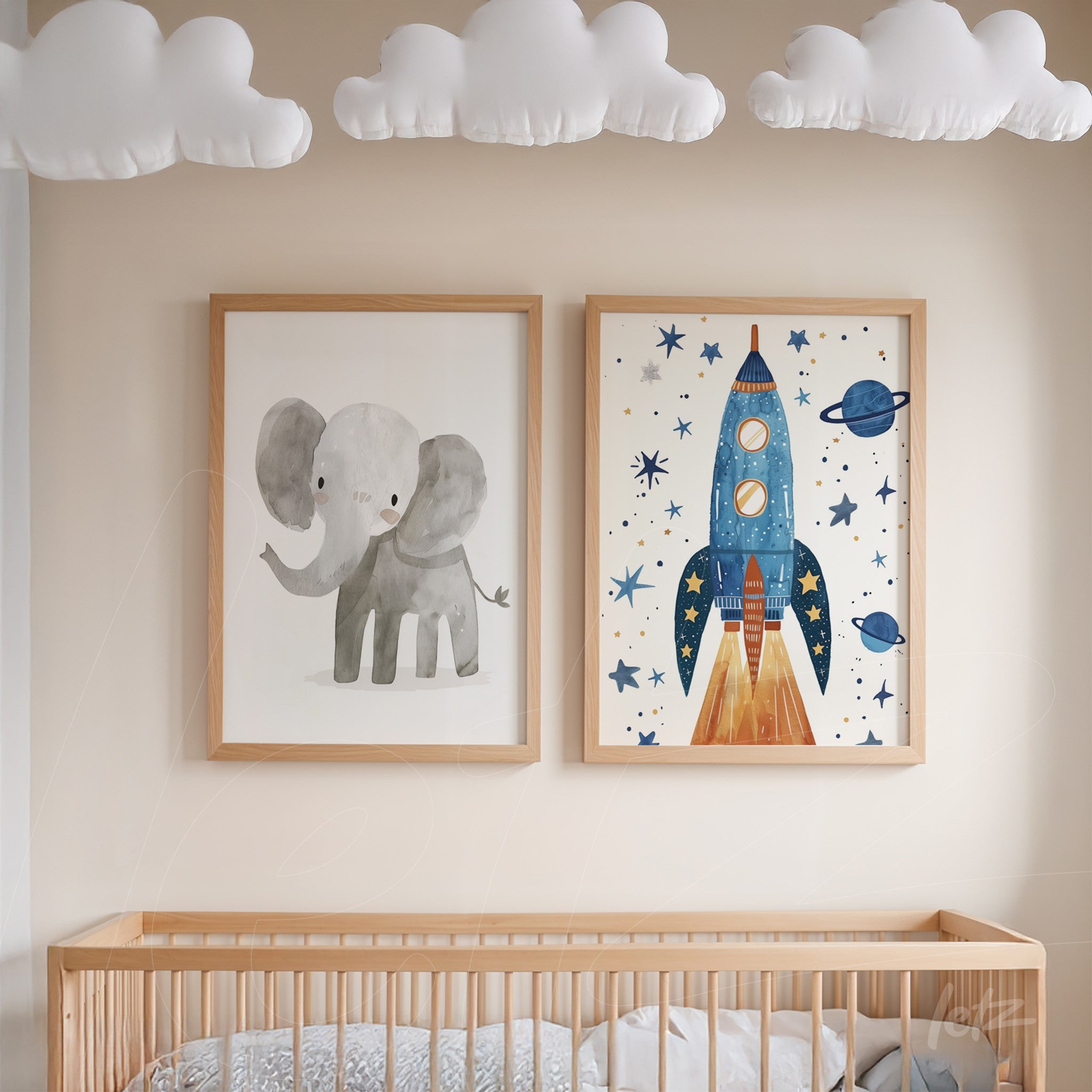 collection of child-themed wall art featuring a gray elephant and a colorful rocket in light wood frames against a neutral wall