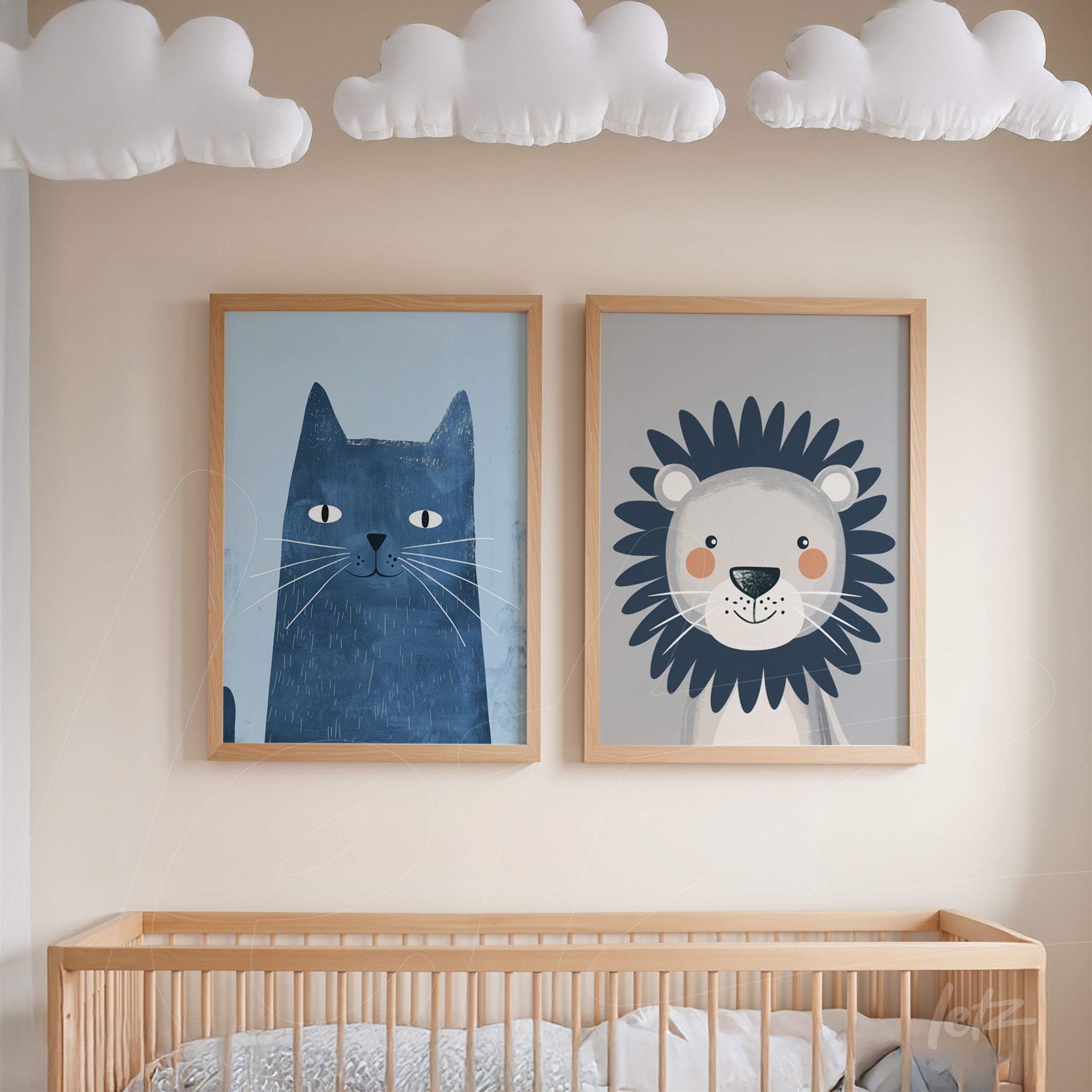 pair of decorative wall art featuring a blue cat illustration and a lion with blue details, both in light wood frames against a beige wall