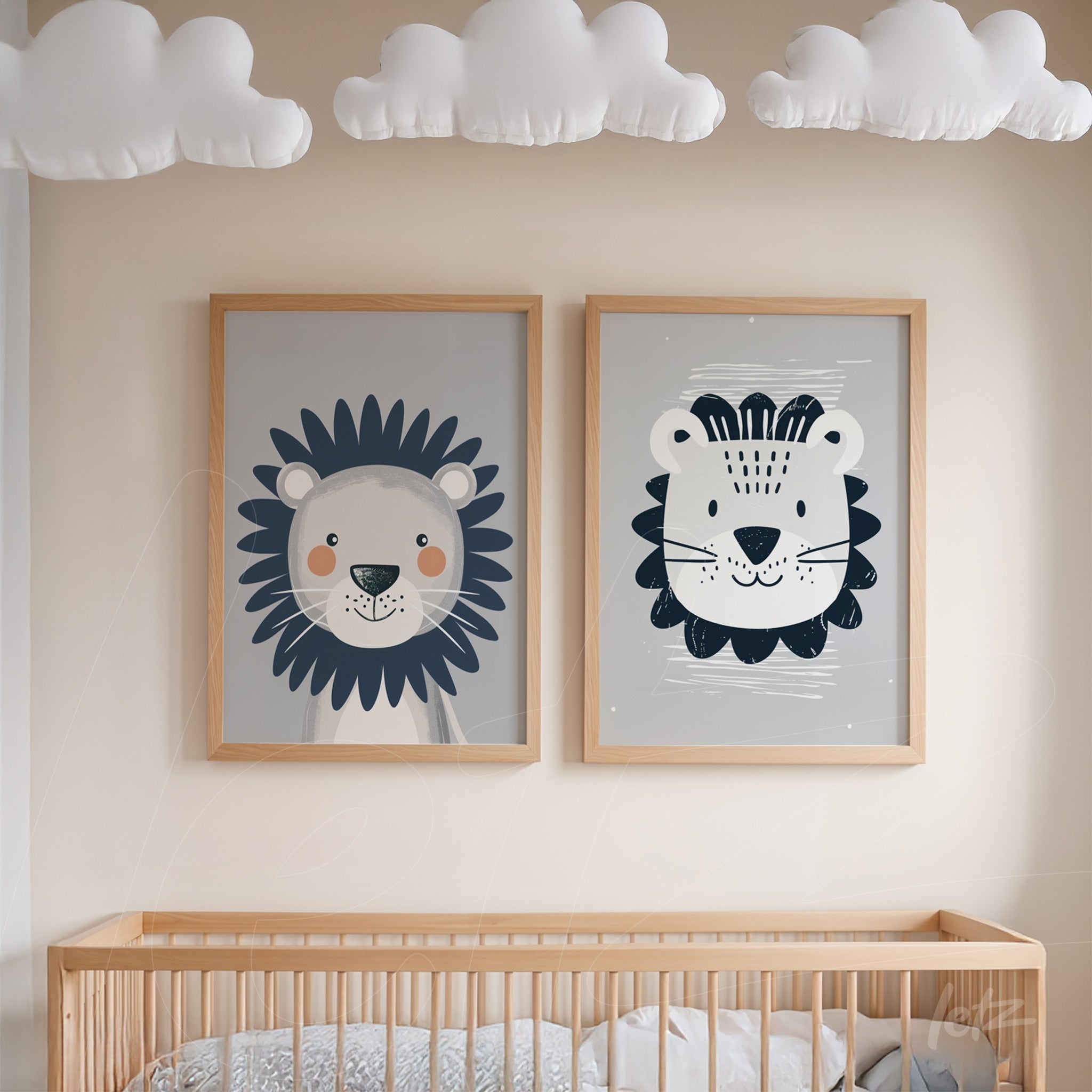 framed wall art featuring playful lion illustrations in light wood frames against a neutral wall