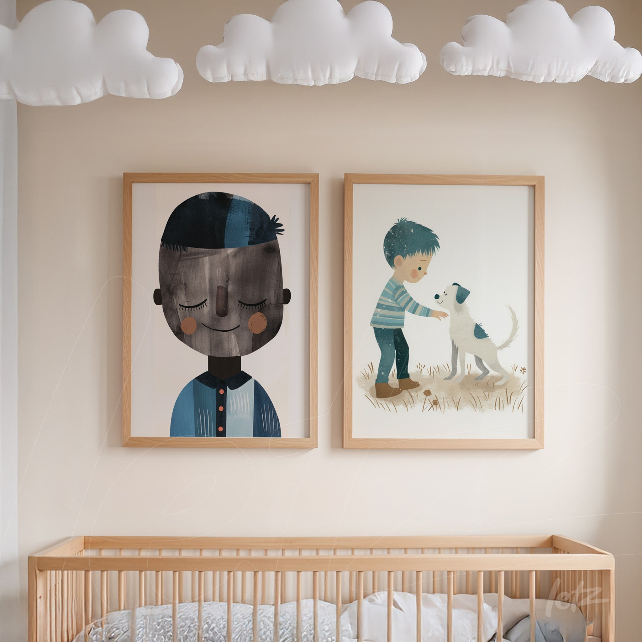 pair of framed children's illustrations featuring a portrait of a boy with dark hair and blue shirt, and another of a boy petting a white dog in light wood frame