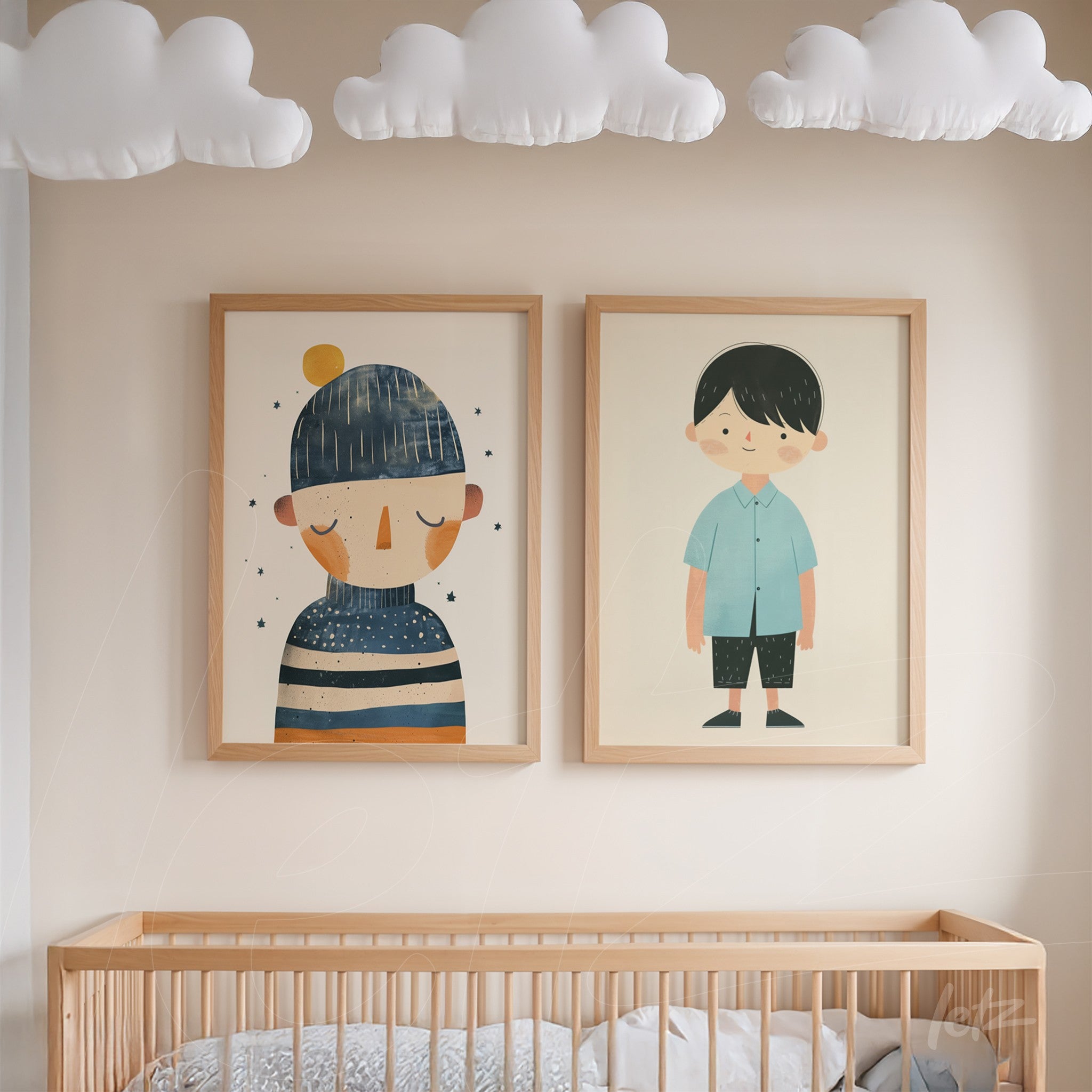 framed artwork featuring children's illustrations in light wood frame, one depicting a boy wearing a beanie and another showing a boy in a blue shirt on beige wall
