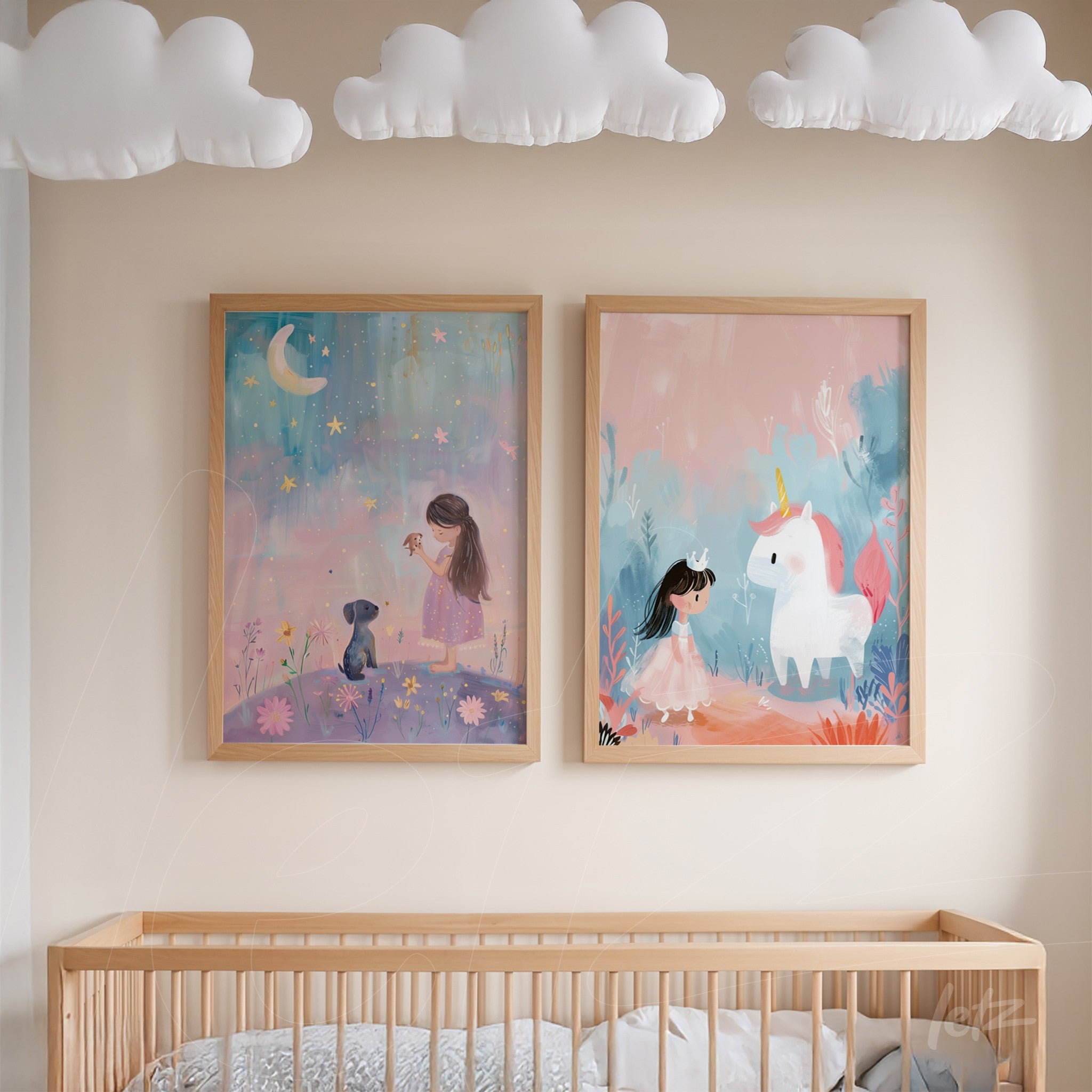 composition of two framed artworks in light wood, one featuring a girl sitting in a field under the moon and the other depicting a girl with a unicorn on a pink background