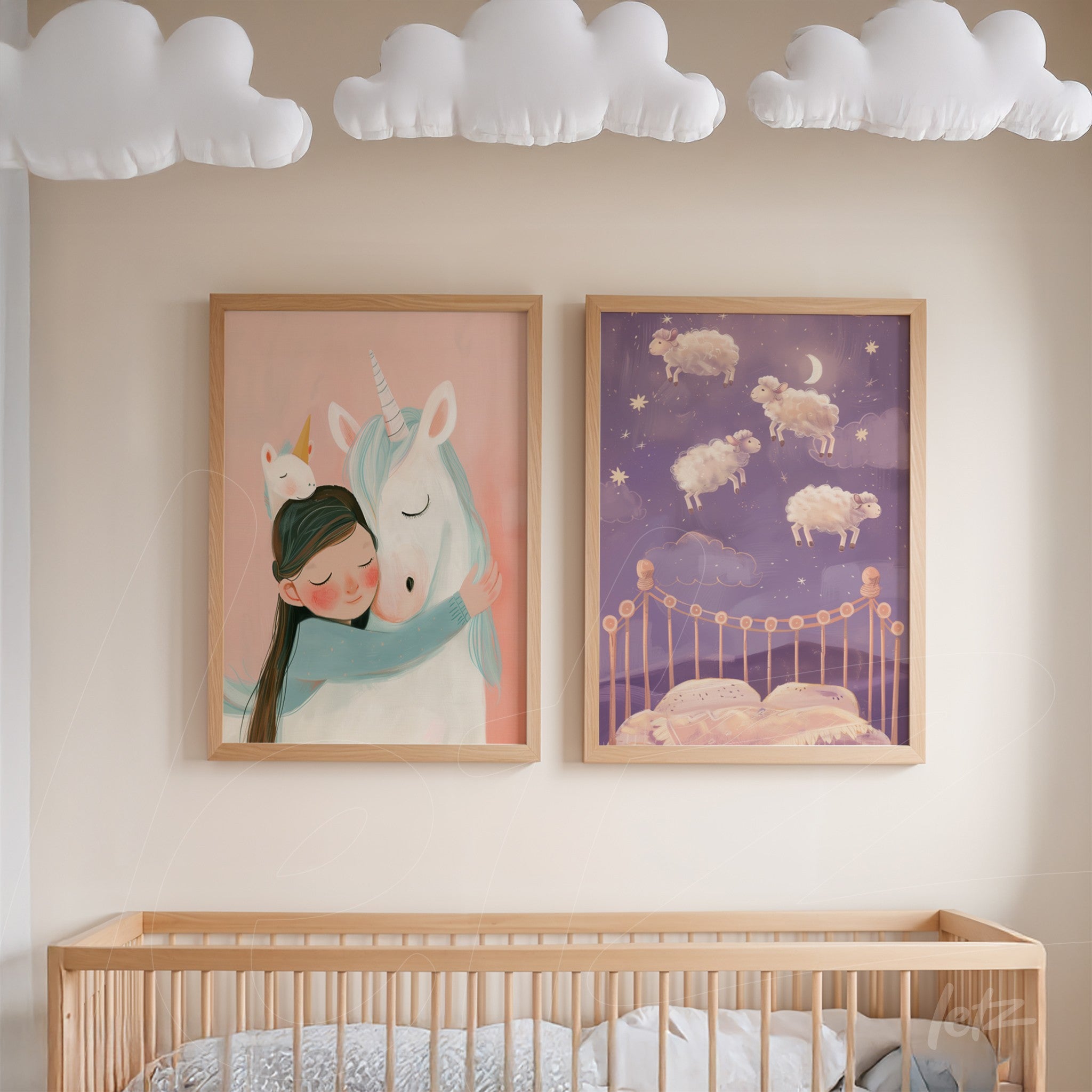 composition of framed children's art featuring a girl hugging a unicorn and another piece with floating sheep in a starry sky, both in light wood frame