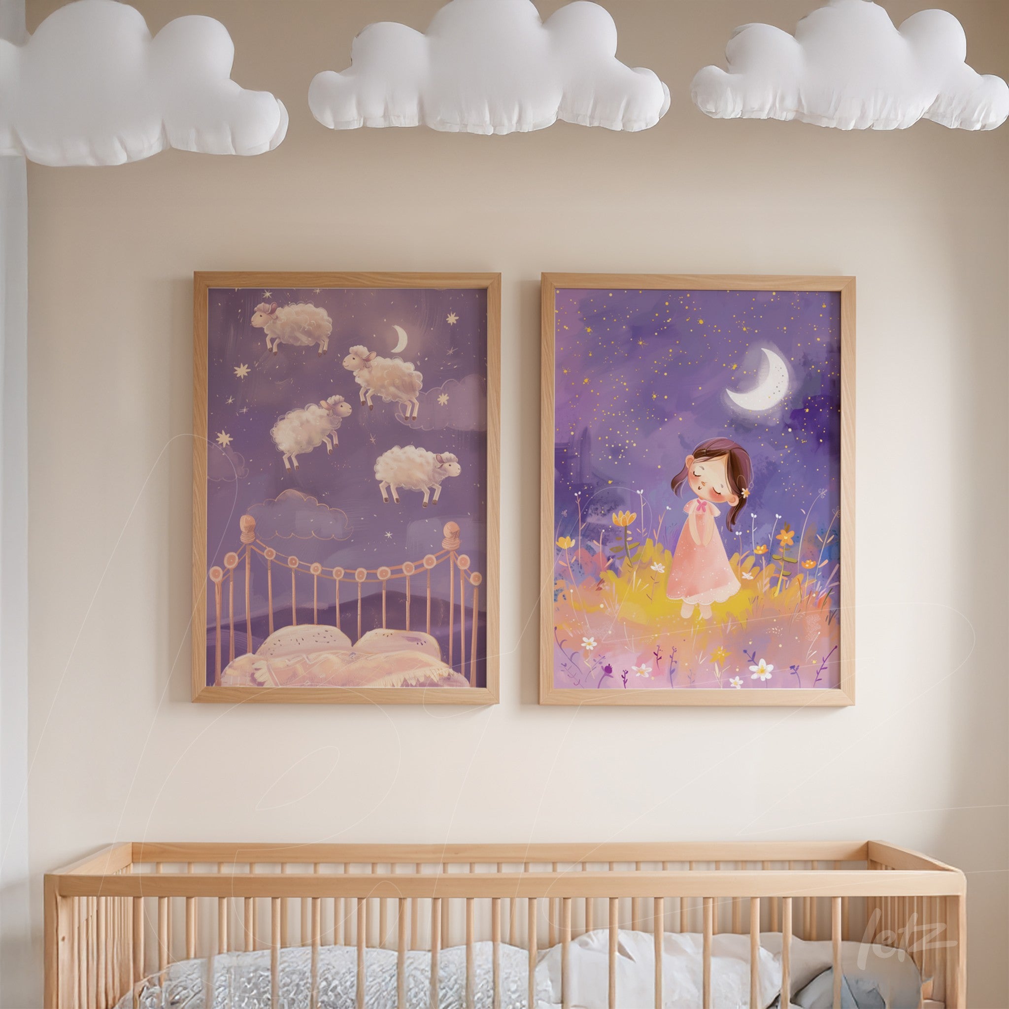 set of two children's framed artworks featuring soft illustrations, one with floating sheep in a starry sky and the other with a girl in a pink dress, displayed in light wood frames on a beige wall