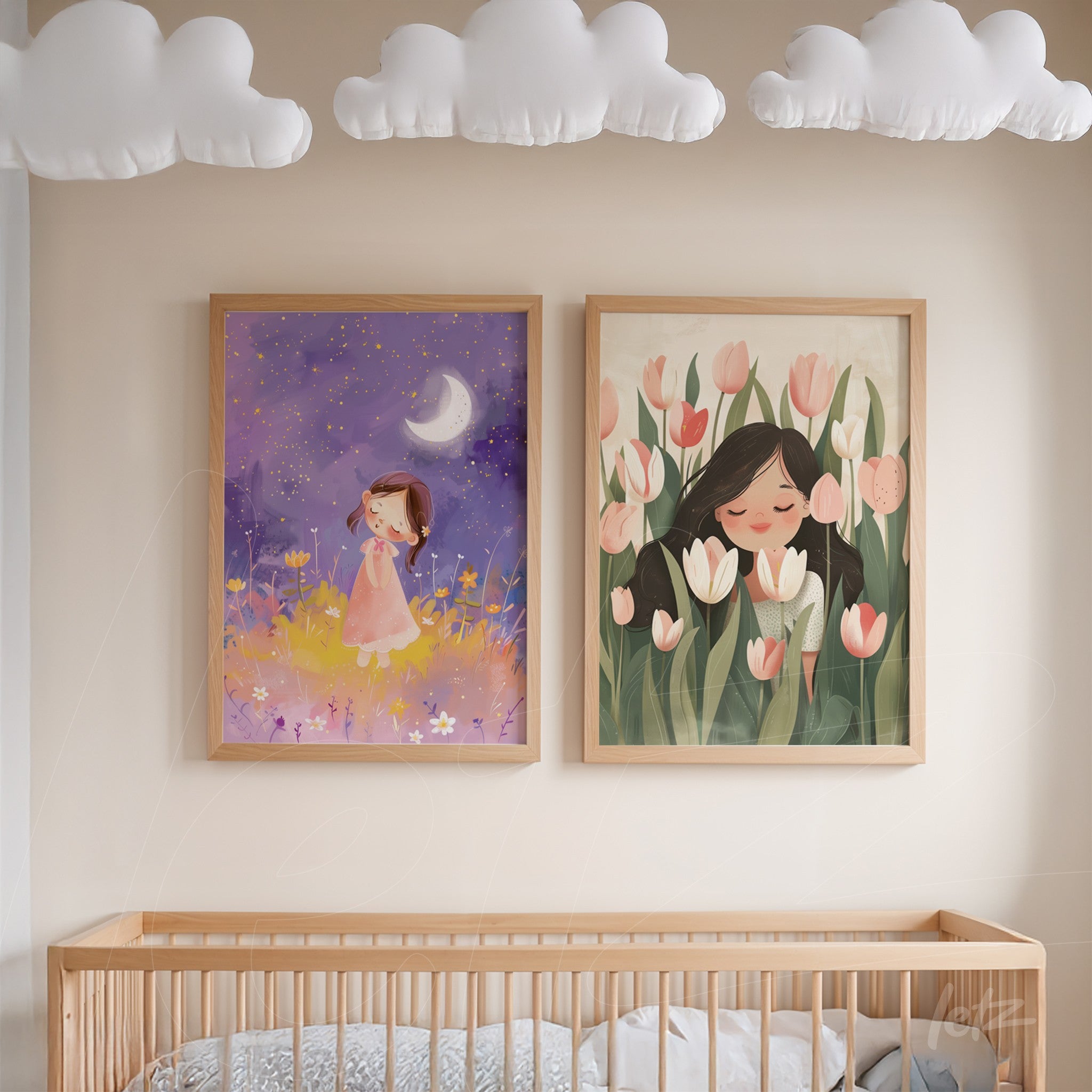 composition with two children's illustrations in light frames, one featuring a girl among flowers under a starry sky and the other a girl with a bouquet of tulips on a light background