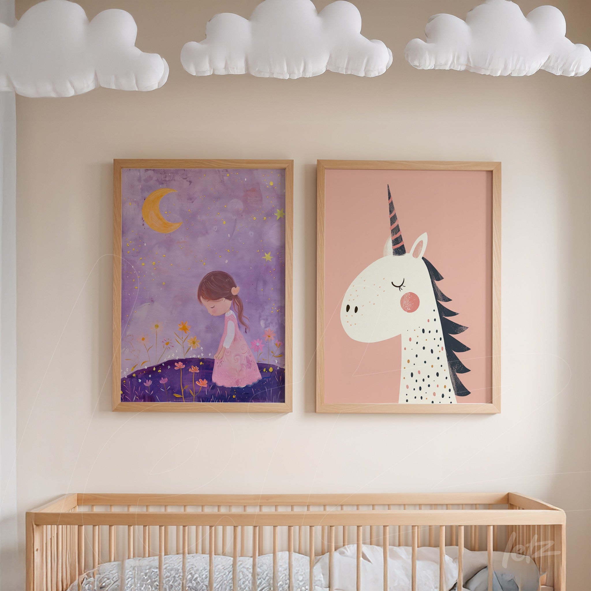 composition of light wooden framed artworks featuring a girl in a night landscape and a unicorn on a pink background