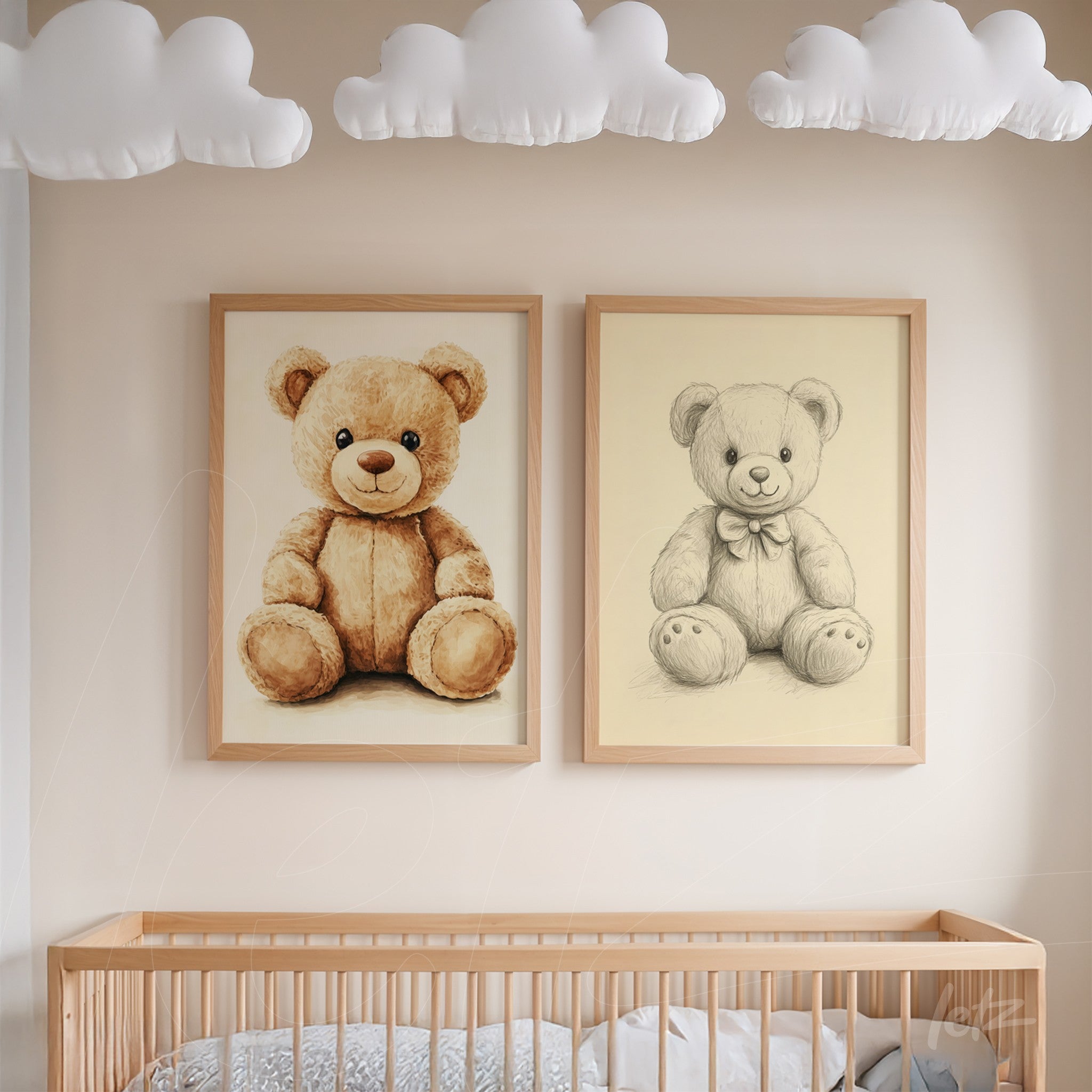 pair of wall art featuring teddy bears, one in color and the other in pencil sketch, both in light wood frames above crib in a nursery room