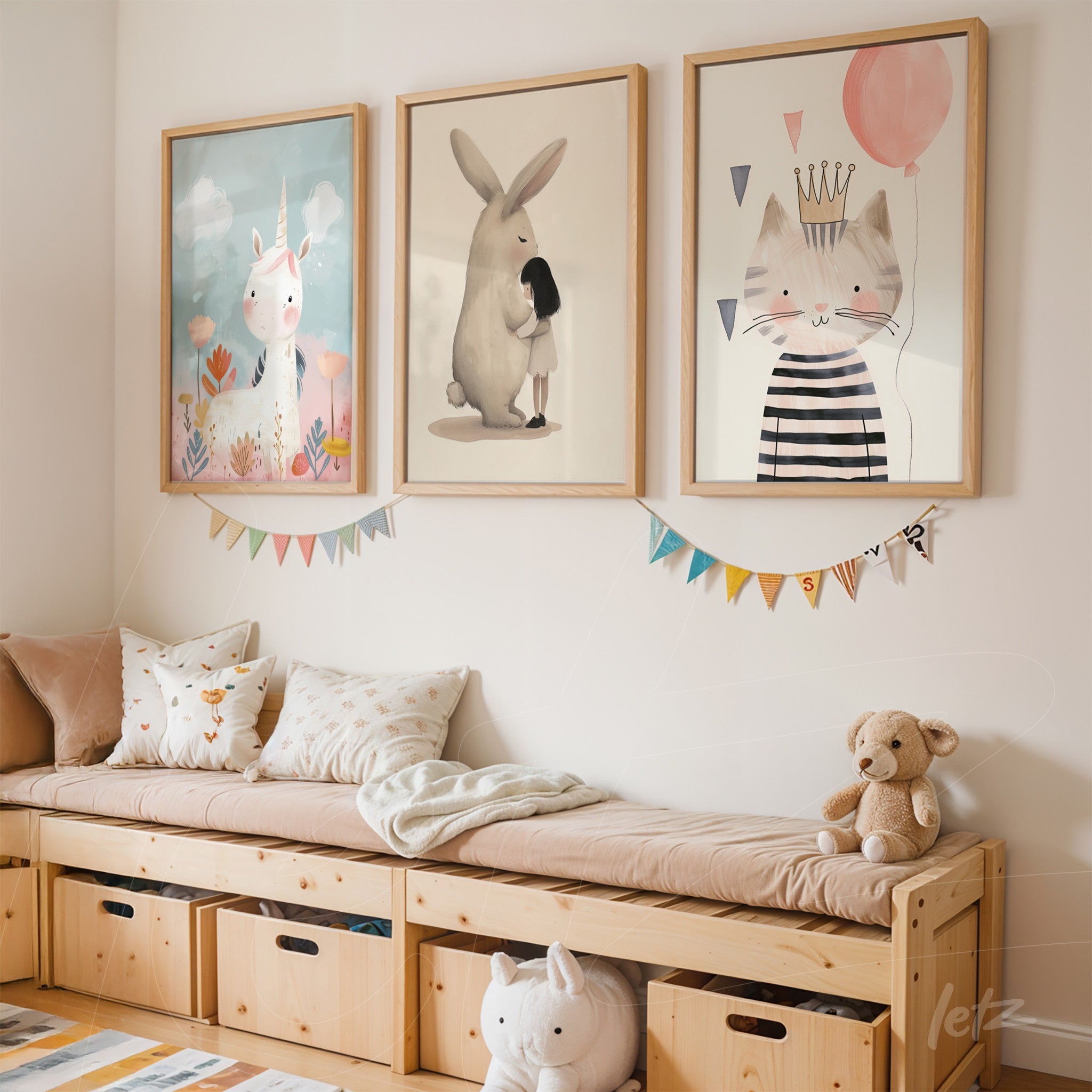 three framed illustrations for a children's room featuring a unicorn, a giant bunny, and a cat dressed as a king with a light wood frame in a cozy setting