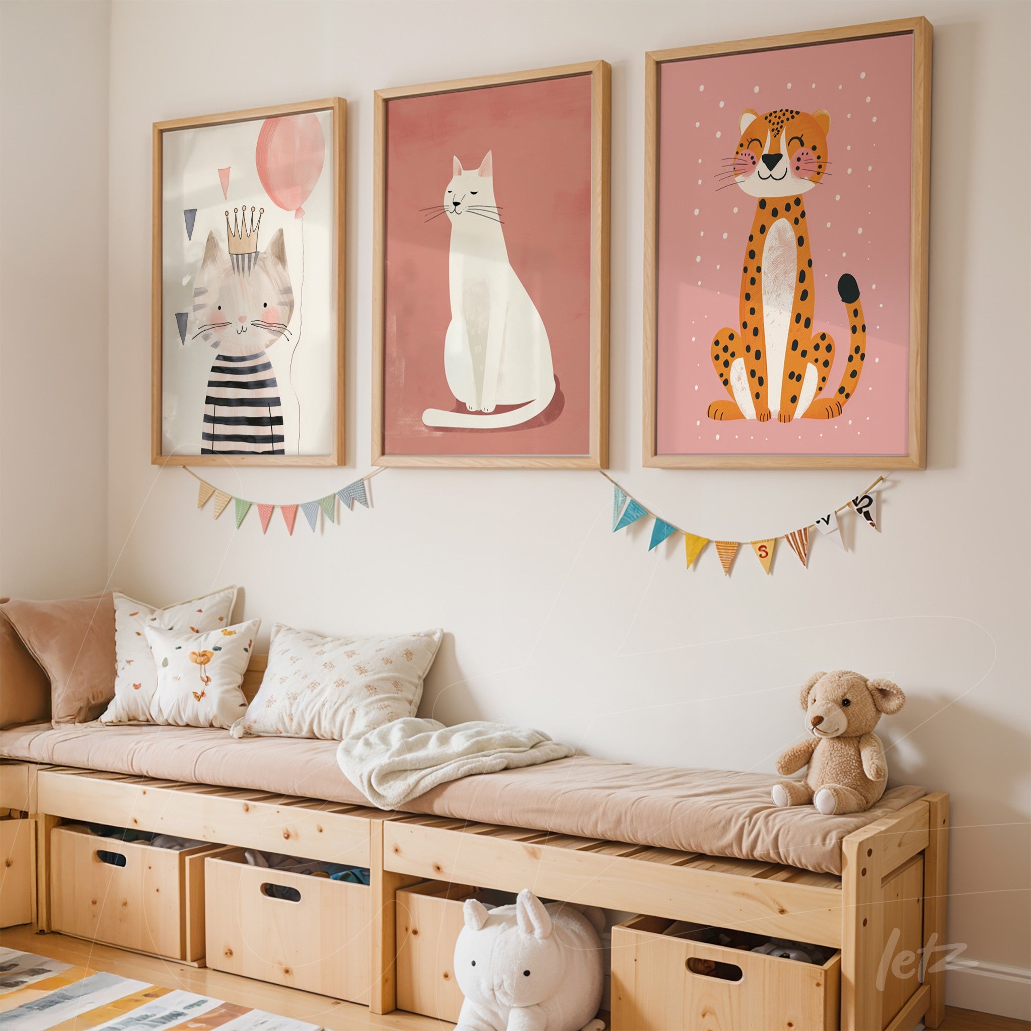 set of child-friendly artworks featuring illustrations of cats and a leopard displayed above a light wood bench