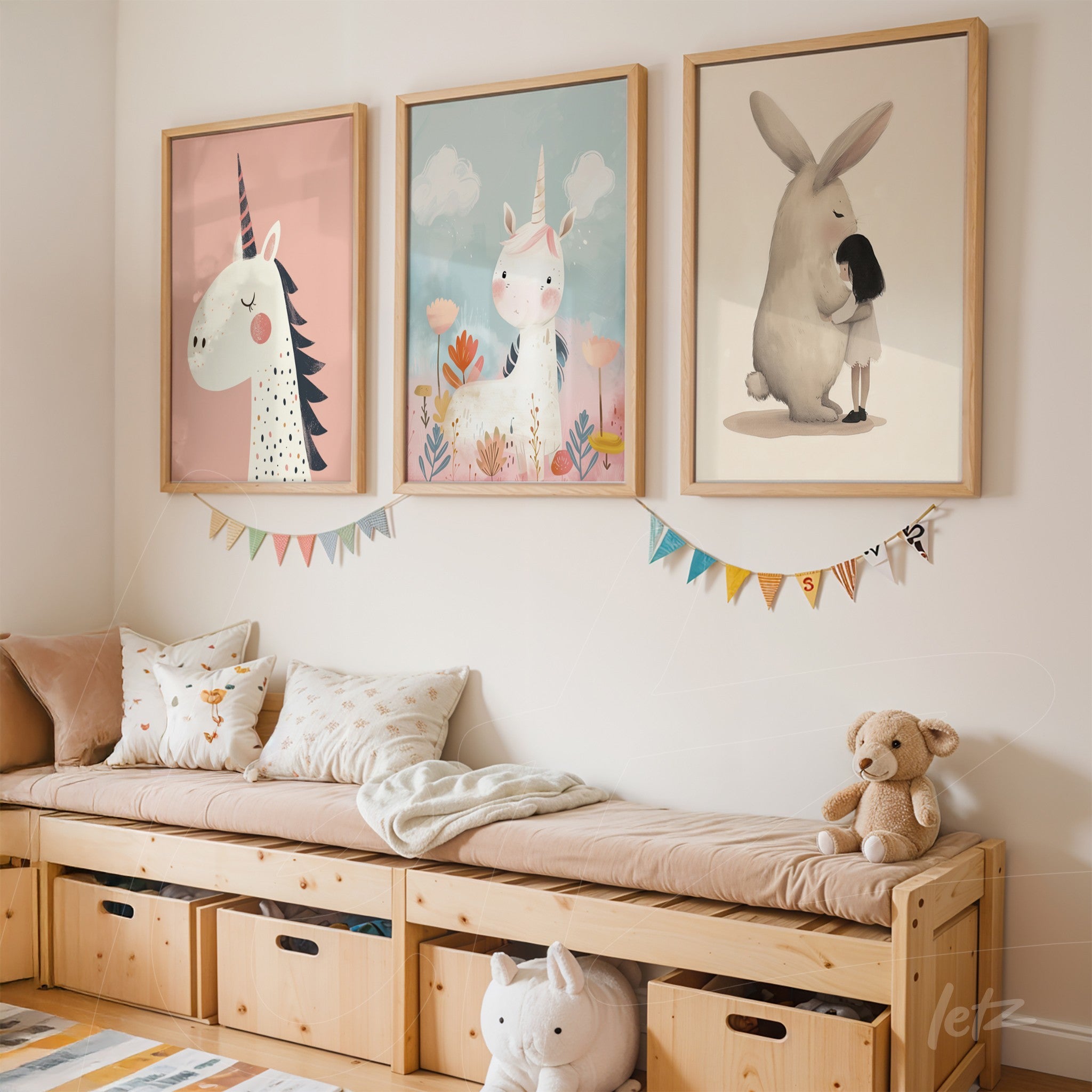 collection of framed illustrations featuring unicorns displayed on a children's bedroom wall