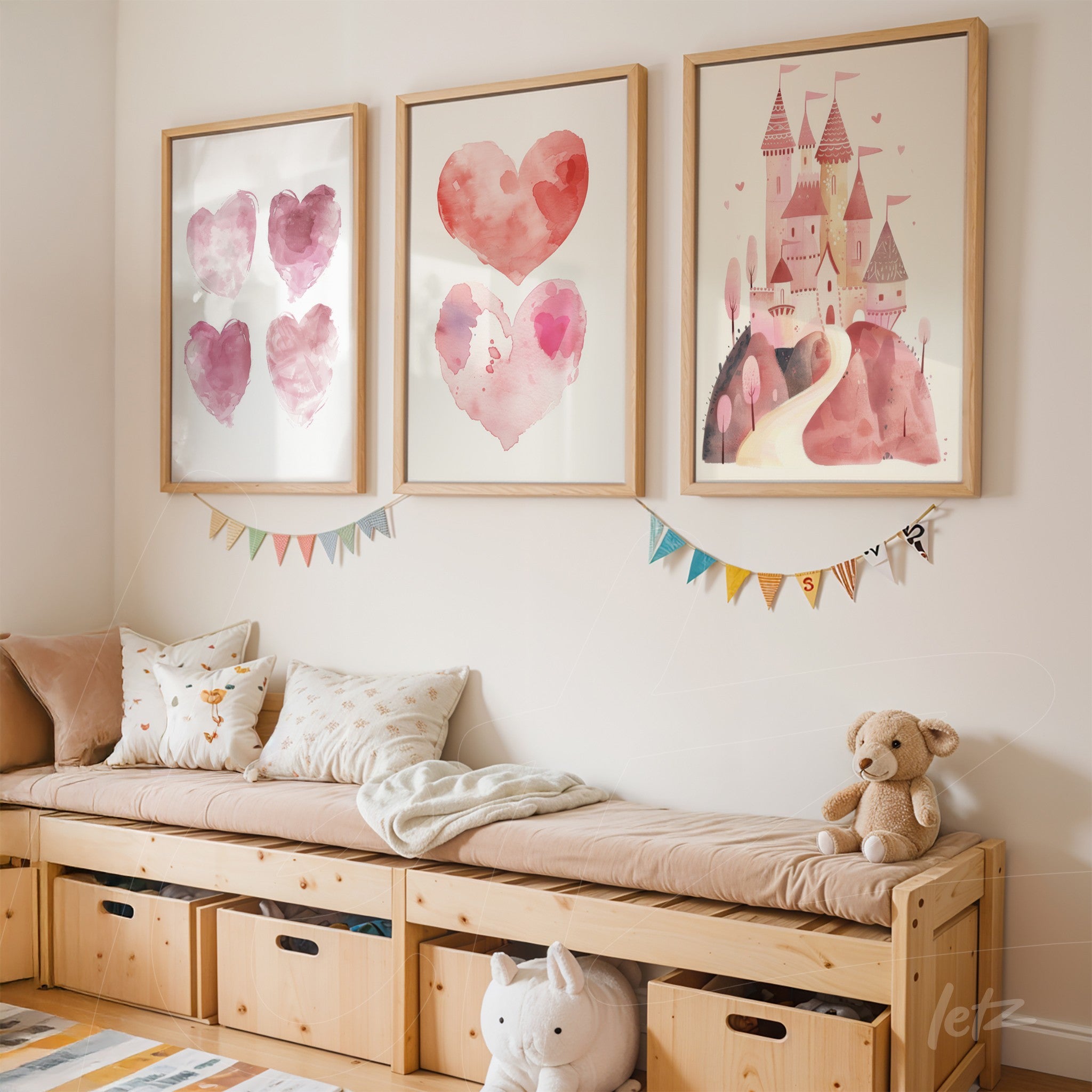 composition of three framed artworks featuring watercolor pink hearts and a castle, displayed on a children's bedroom wall with light wood frames