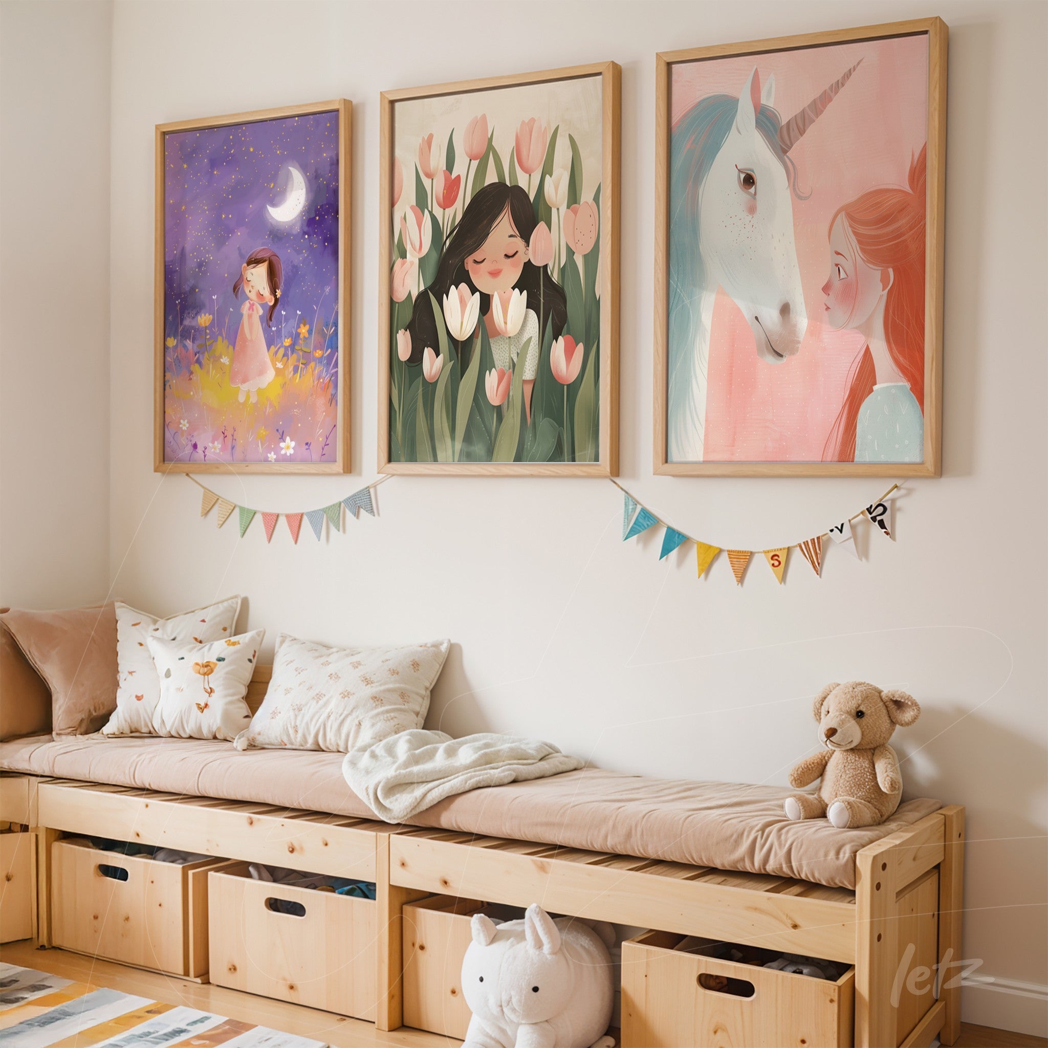 composition of three children's decor frames on light wall featuring illustrations of a girl, flowers, and a unicorn with light wood frames