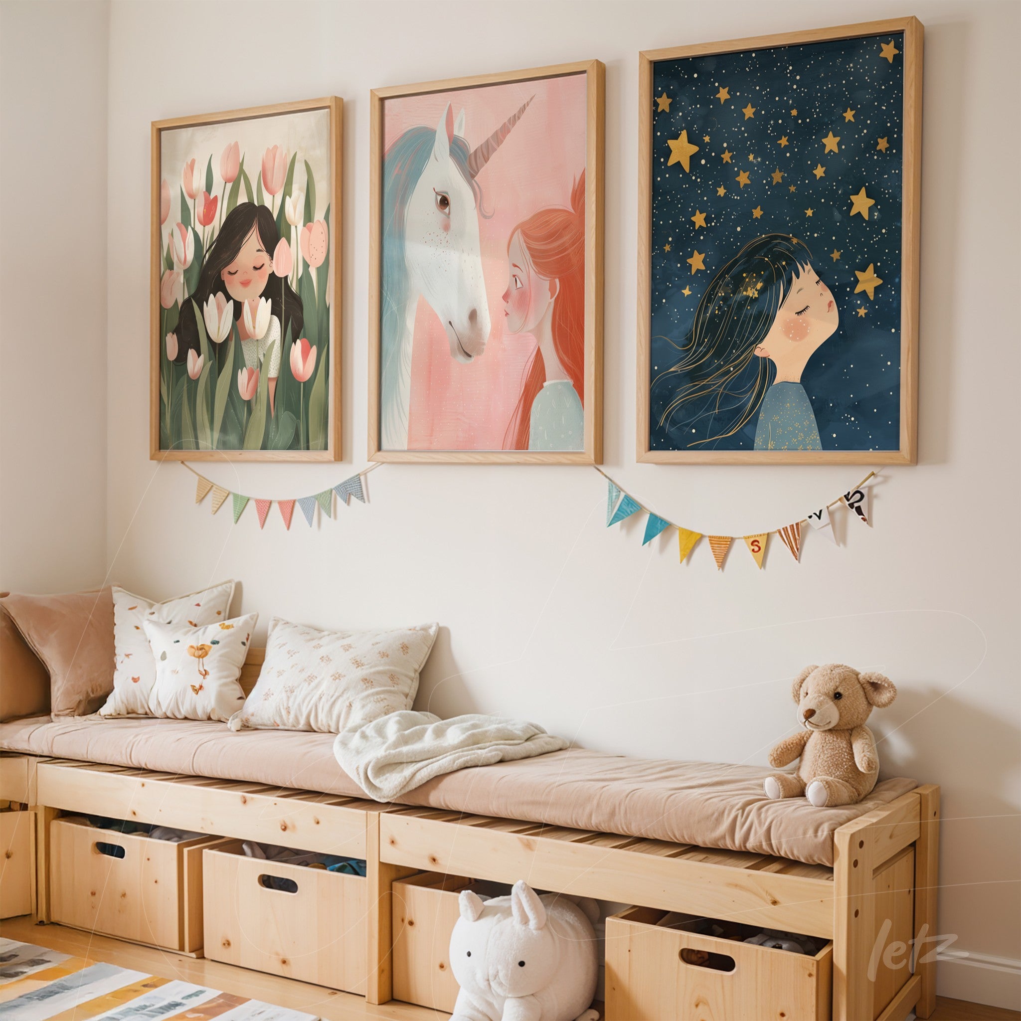 set of three children's framed artworks in light wood featuring illustrations of girls, a unicorn, and a starry night, displayed on a neutral wall above a light wooden bench