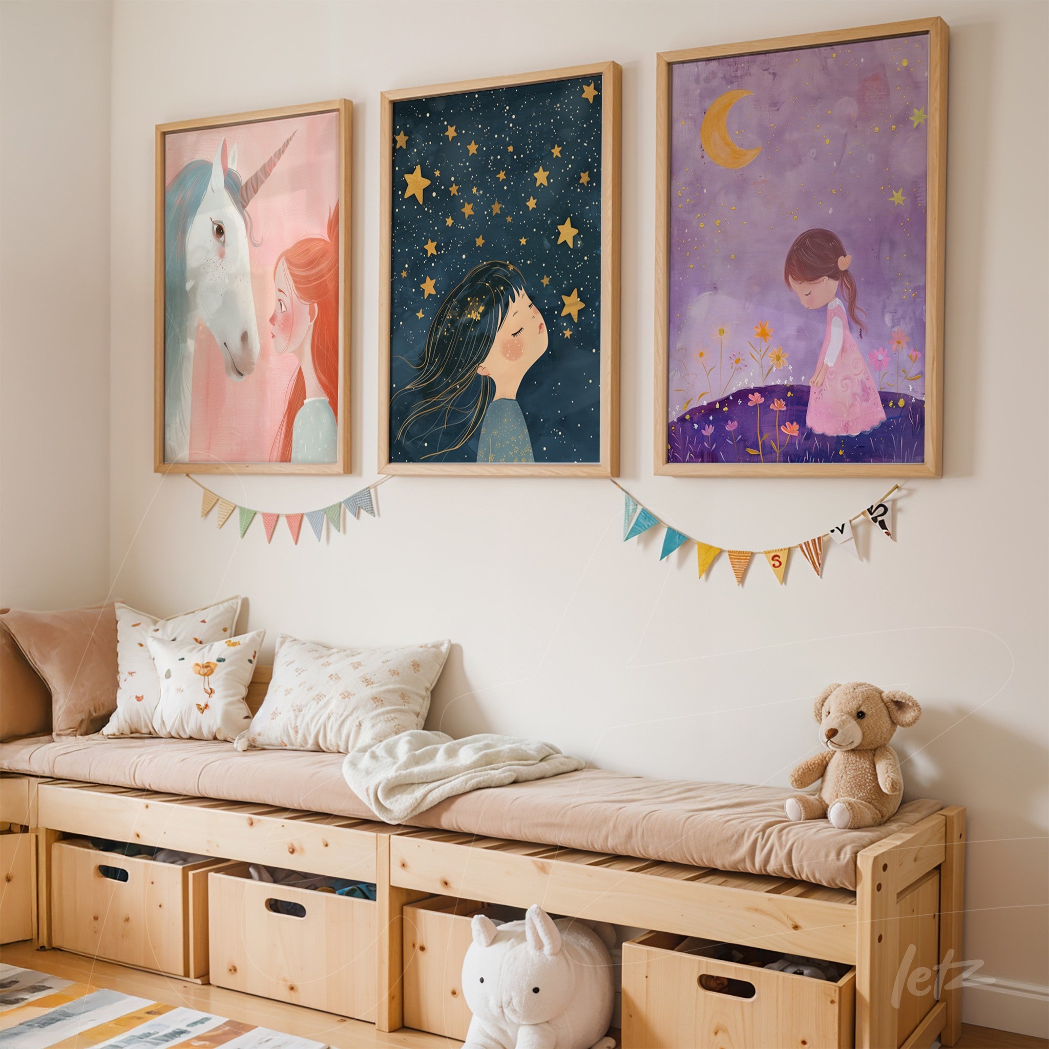 collection of framed wall art featuring child illustrations, including a unicorn, a girl with stars, and a girl under the moon, displayed on a light wall next to a wooden bench