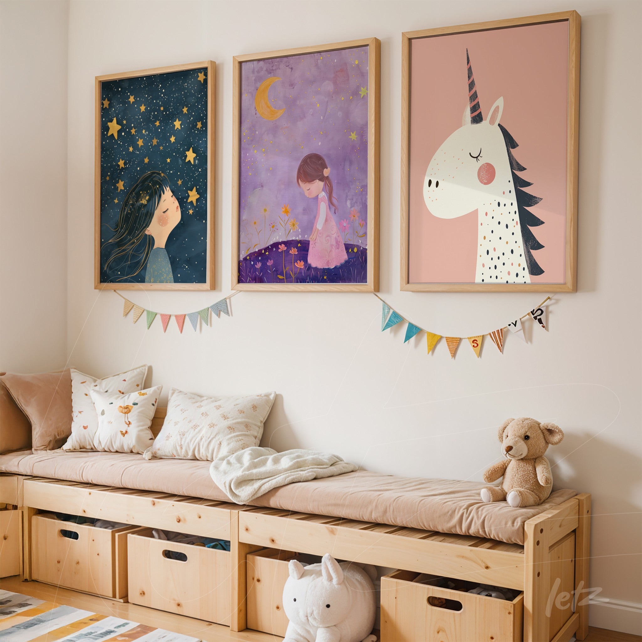 collection of playful wall art featuring child-friendly themes in light wooden frames, including illustrations of a girl gazing at the starry sky, a female figure in a flower field, and a unicorn on a pink background