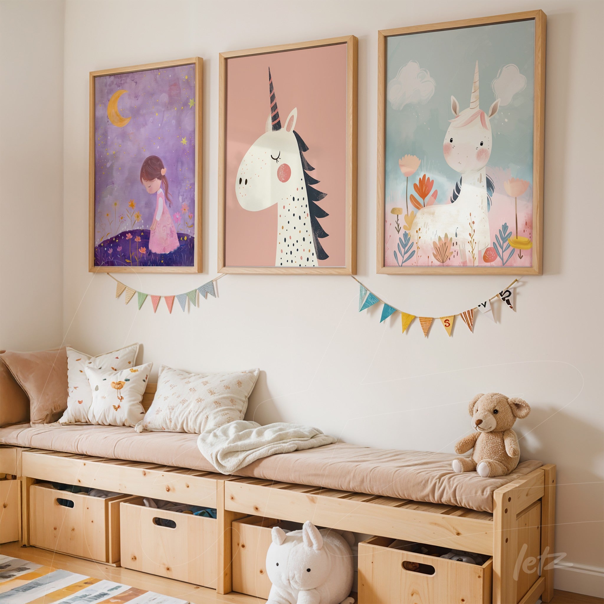 set of three child-friendly wall art pieces featuring unicorn and girl illustrations on light wall, framed in light wood