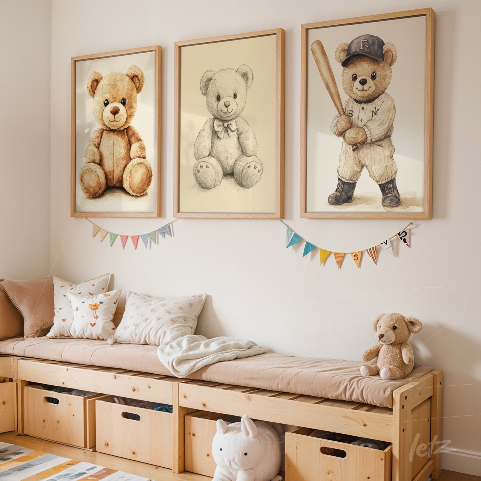 trio of framed prints depicting teddy bear illustrations, two in vintage style and one dressed as a baseball player, on children's room wall with light wood frames