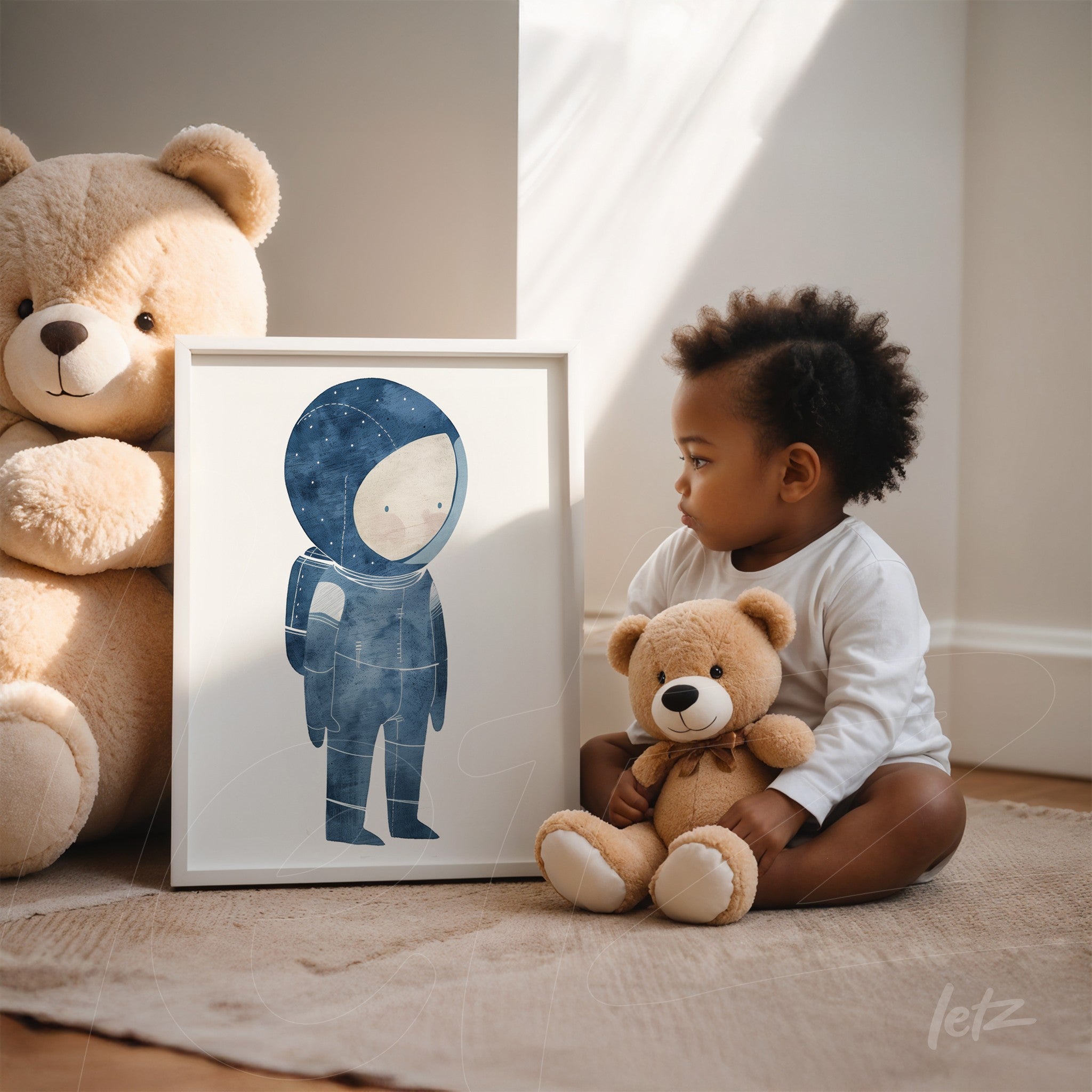 framed illustration of an astronaut in a space background with white frame next to a child holding a teddy bear