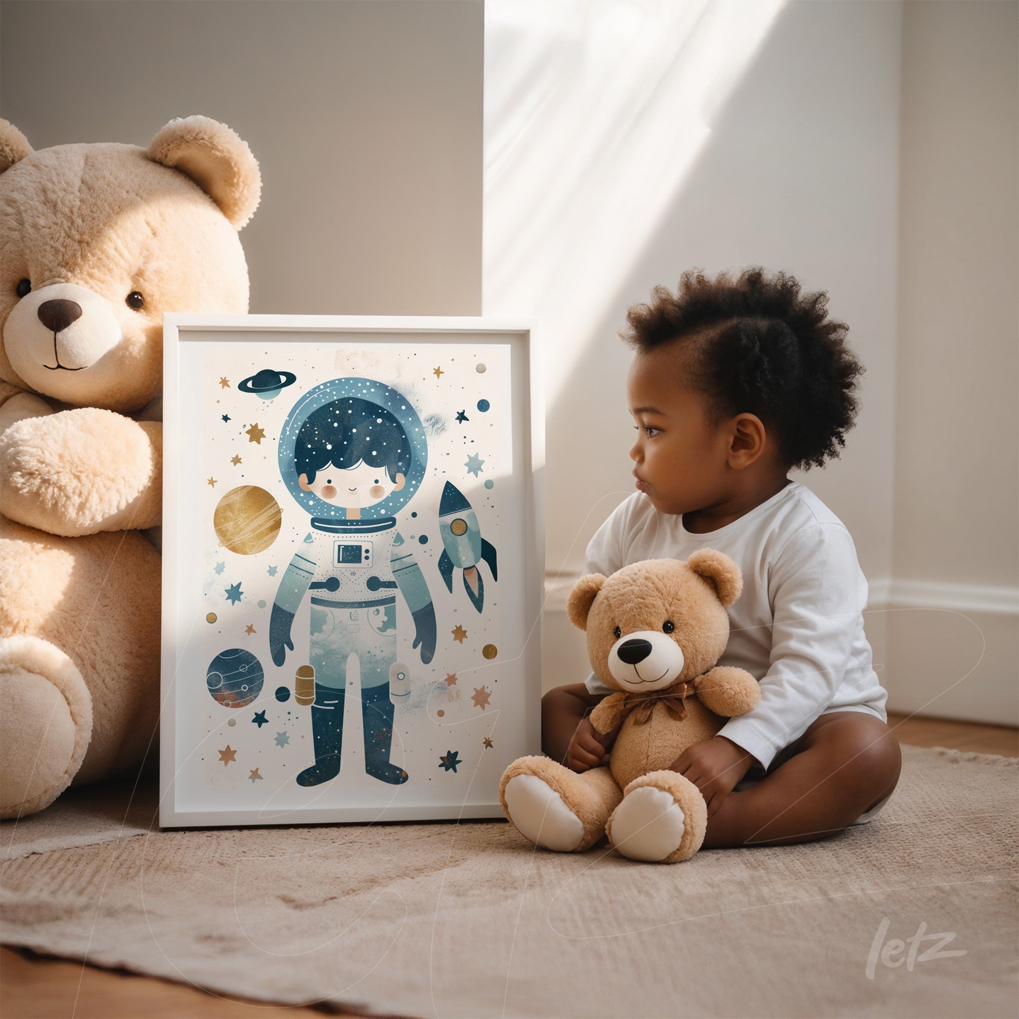 framed child-friendly illustration of an astronaut in a playful style with white frame displayed next to a child holding a teddy bear