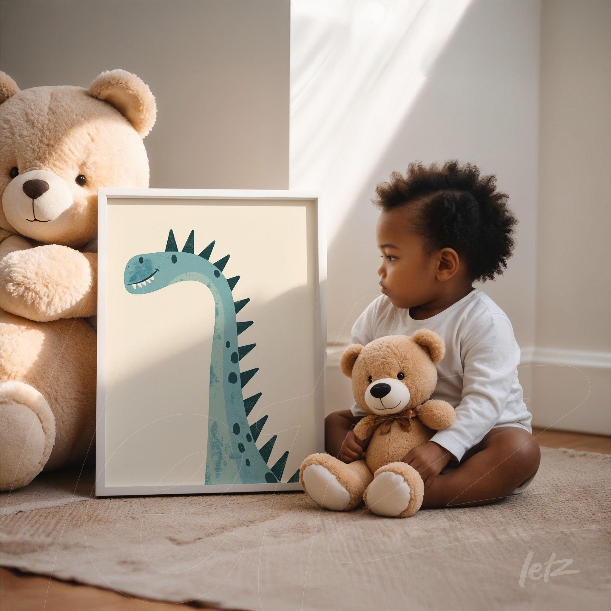 framed wall art featuring a green dinosaur illustration beside a child sitting with a teddy bear