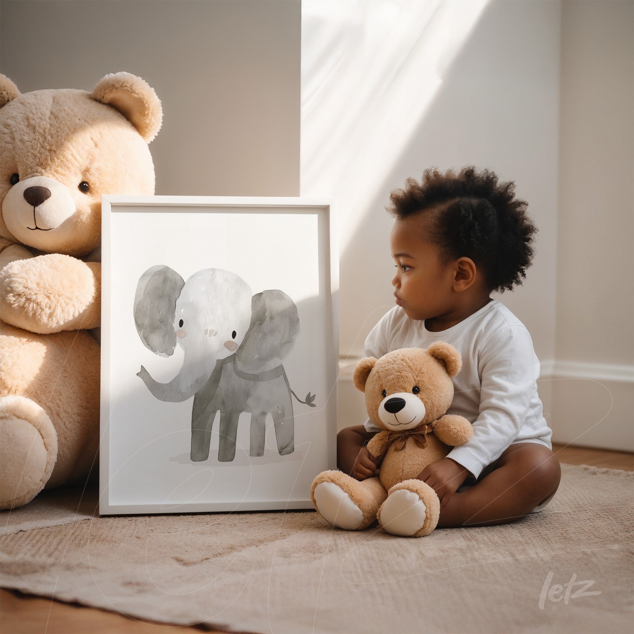 framed illustration of a gray elephant next to a child holding a teddy bear in a cozy room setting
